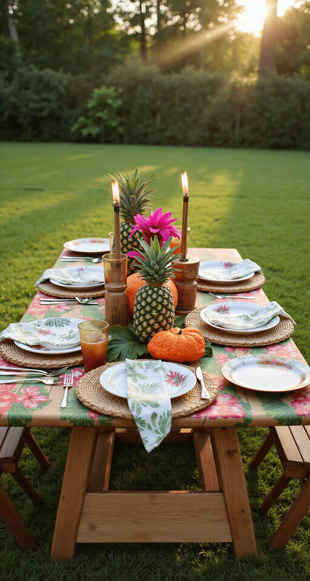 A vibrant tropical luau setting featuring a bamboo table adorned with a bold flora-print tablecloth, fresh pineapples as centerpieces, and hot pink ginger flowers surrounded by monstera leaves and tiki torches. The scene is set on a lush lawn under the late afternoon sun, with rattan chargers, tropical-print melamine plates, and coconut shell bowls, captured in a wide shot with warm directional lighting.
