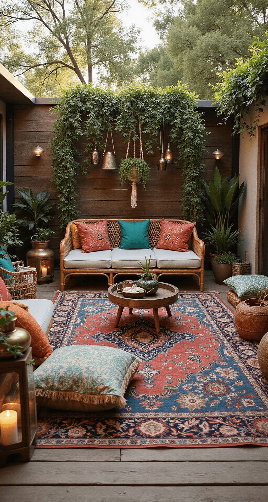 A cozy Bohemian garden patio featuring layered vintage Persian rugs, low-slung rattan seating, macramé plant hangers with trailing vines, and mixed metallic lanterns casting light patterns, accentuated by oversized jewel-toned floor cushions against a neutral background, all bathed in warm golden hour light.