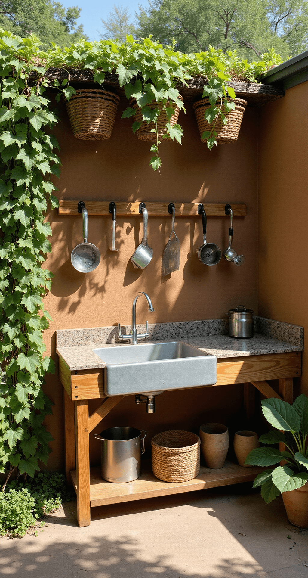A beautifully organized mud kitchen cleanup zone featuring an ergonomic washing station, with a recycled sink, tool drying racks, and storage solutions, bathed in morning sunlight against a lush living wall of climbing vines. Natural materials such as bamboo hooks and woven baskets complement the warm wooden elements and galvanized metal accessories.