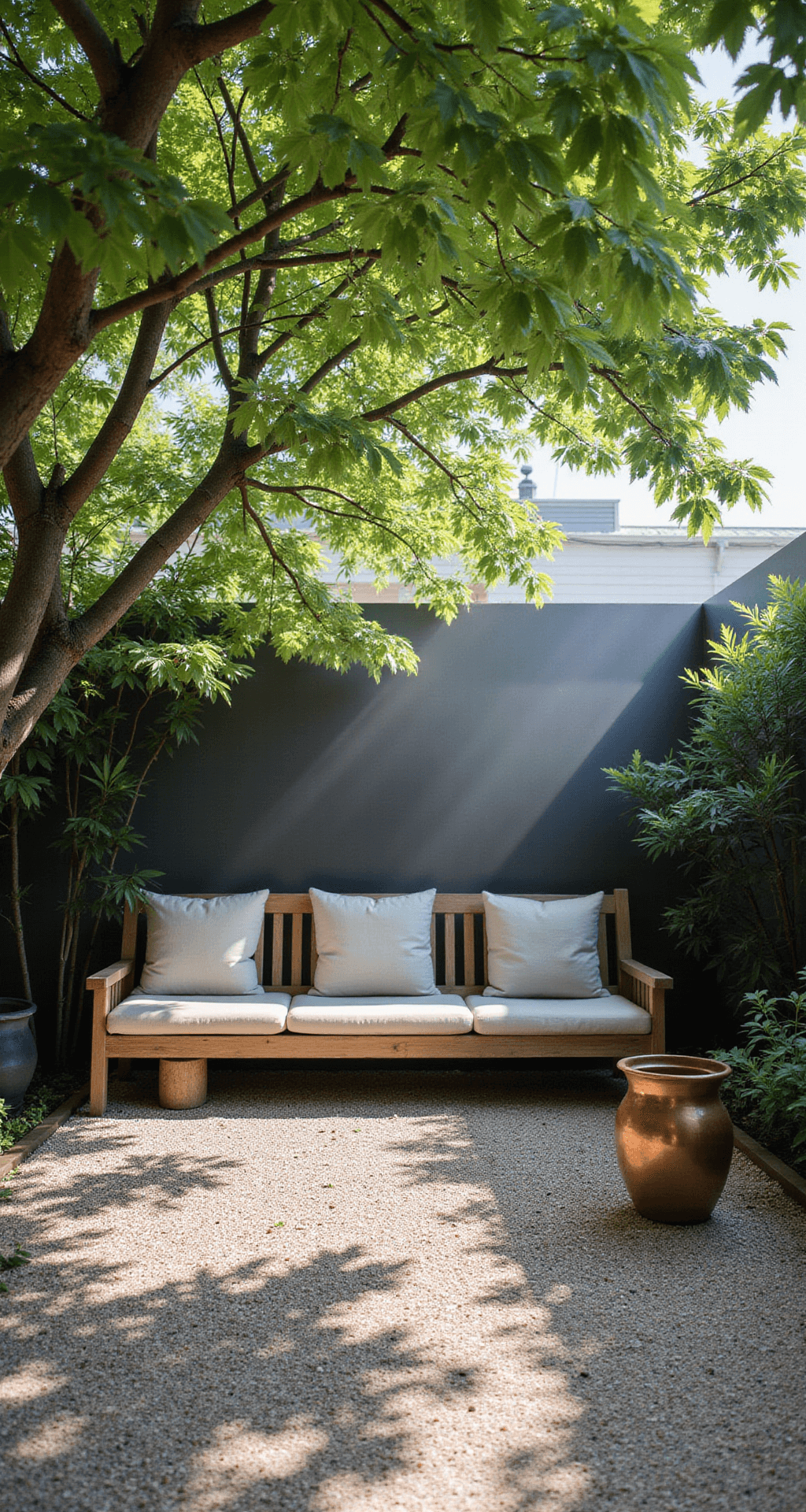 A serene Zen garden patio in soft morning light, featuring a Japanese maple casting dappled shadows on light gravel, a natural stone bench with linen cushions, black bamboo for screening, and a copper water feature, all captured through morning mist for an ethereal effect.