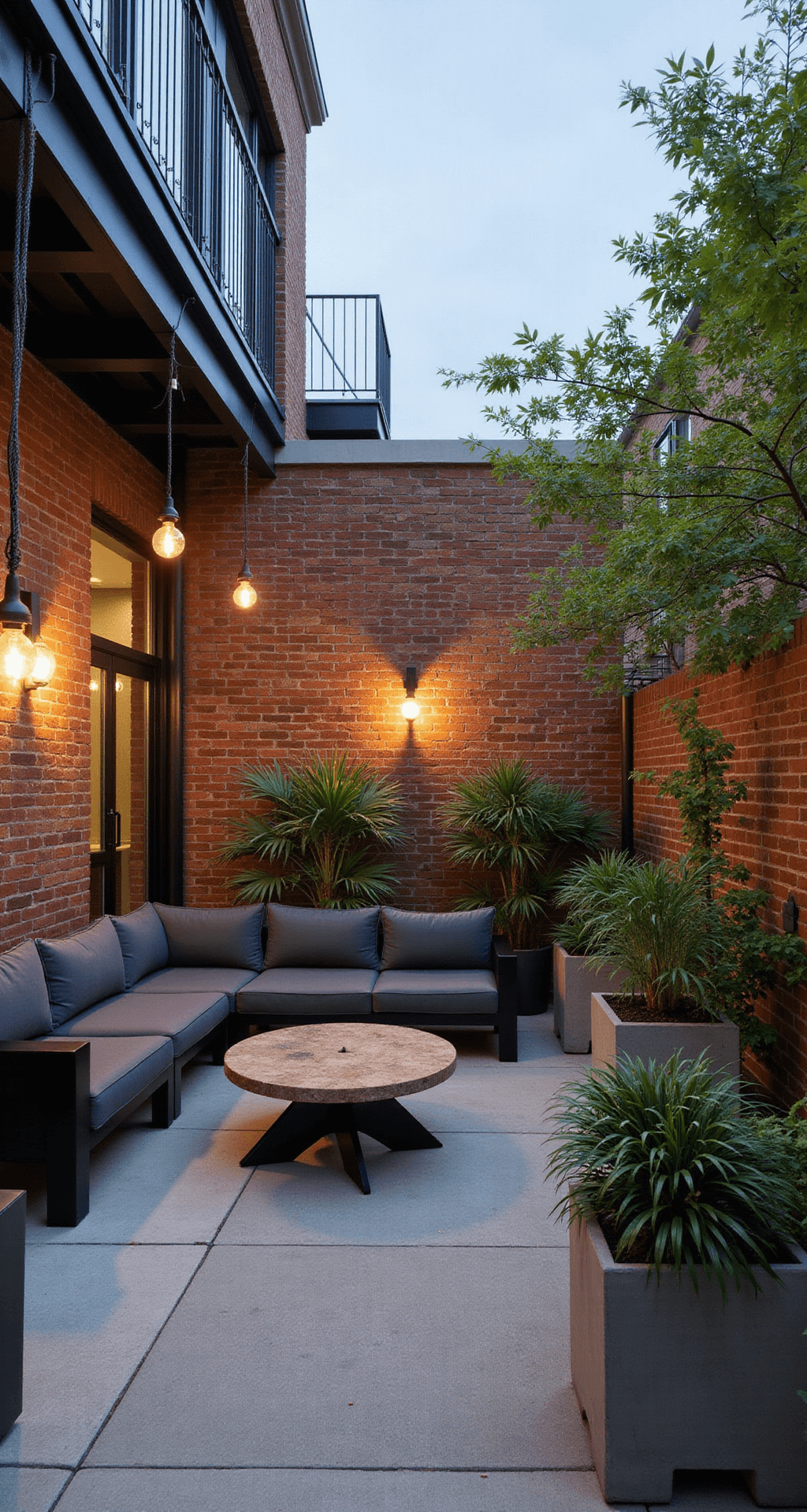 Urban patio at twilight featuring a black steel-framed sectional with charcoal cushions against an exposed brick wall, geometric concrete planters with lush greenery, and pendant globe lights in varying heights, emphasizing an industrial-modern aesthetic.