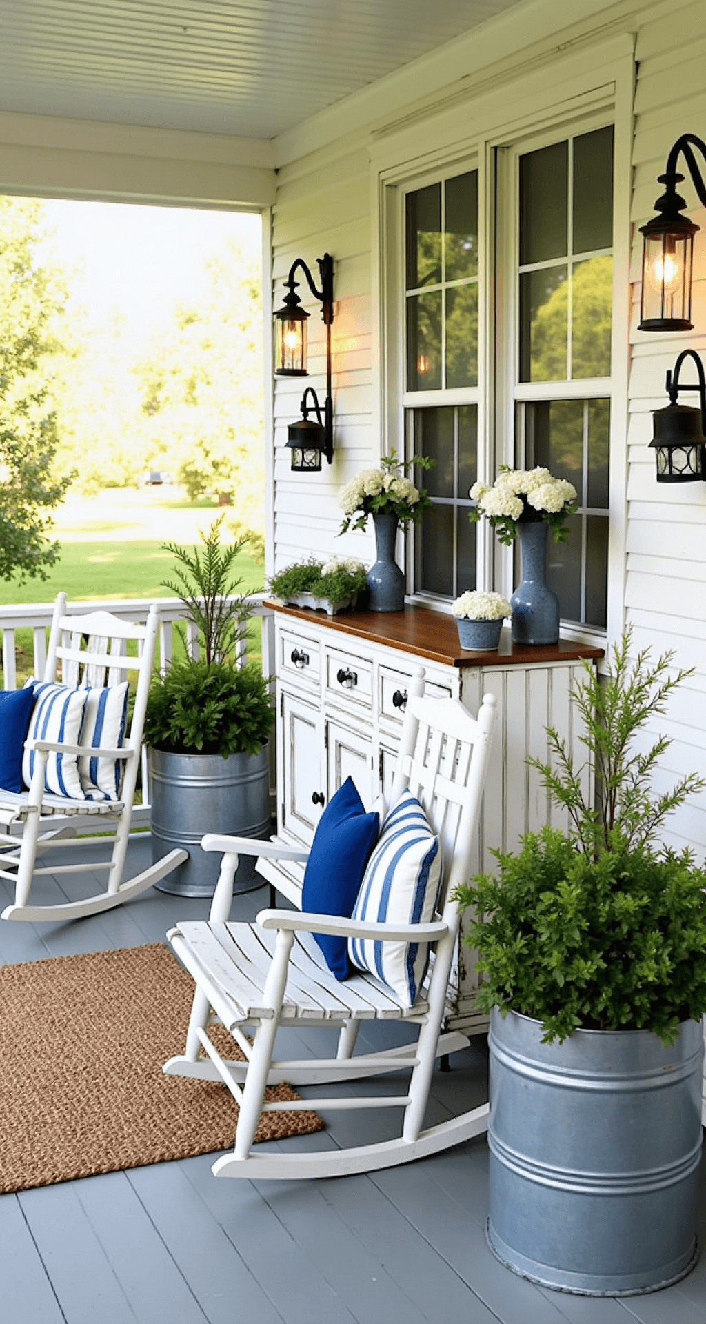 A rustic farmhouse porch featuring whitewashed rocking chairs, an antique console bar, galvanized metal planters with ferns and hydrangeas, vintage lanterns, and a braided jute rug, all bathed in soft morning light.