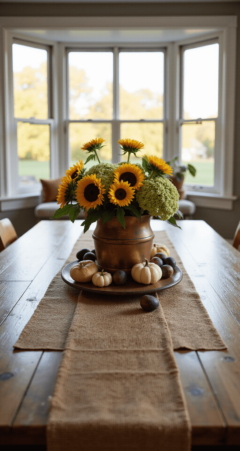 A sunlit dining room with large bay windows features a weathered oak farmhouse table adorned with a low arrangement of fresh sunflowers and hydrangeas in a vintage copper vessel. Scattered figs and small white pumpkins complement the setup, with a natural jute runner running the length of the table. The warm golden hour light creates an inviting, transitional summer-to-fall atmosphere. The scene is captured at eye-level from a front 3/4 view, with a shallow depth of field focusing on the centerpiece.