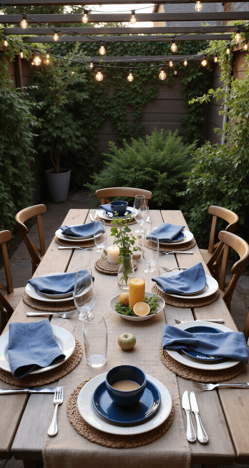 An intimate outdoor terrace setting featuring a rustic wooden table adorned with layered textiles, including a raw linen tablecloth and a handwoven jute runner. The table is elegantly set with cream stoneware plates, indigo linen napkins, and woven chargers. Golden hour lighting casts long shadows, while string lights twinkle overhead, creating a mood of casual elegance for al fresco dining.