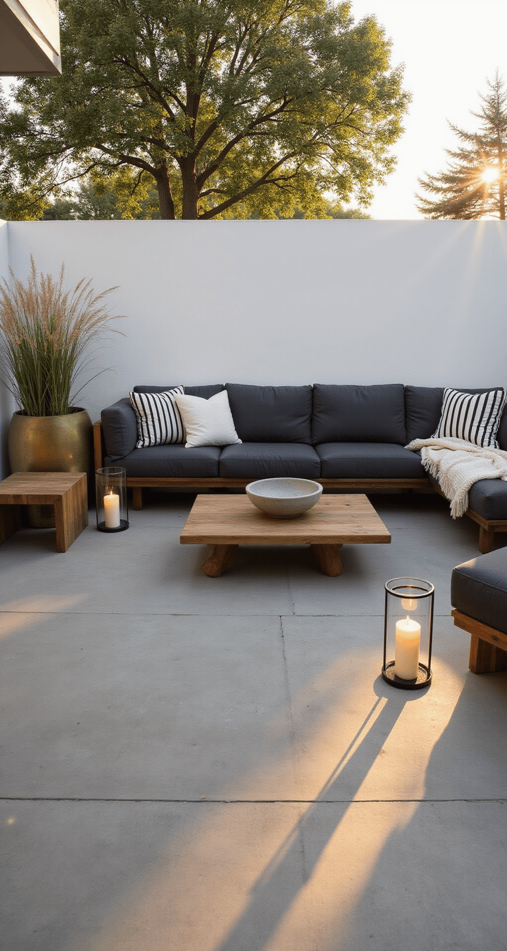 A modern minimalist patio at golden hour features a charcoal sectional sofa against a white stucco wall, framed by geometric brass planters with tall grasses, a teak coffee table with a concrete bowl, and warm sunlight casting shadows on light grey microcement flooring, complemented by black and white striped cushions and cream bouclé throws, with ambient light from glass hurricane lanterns.