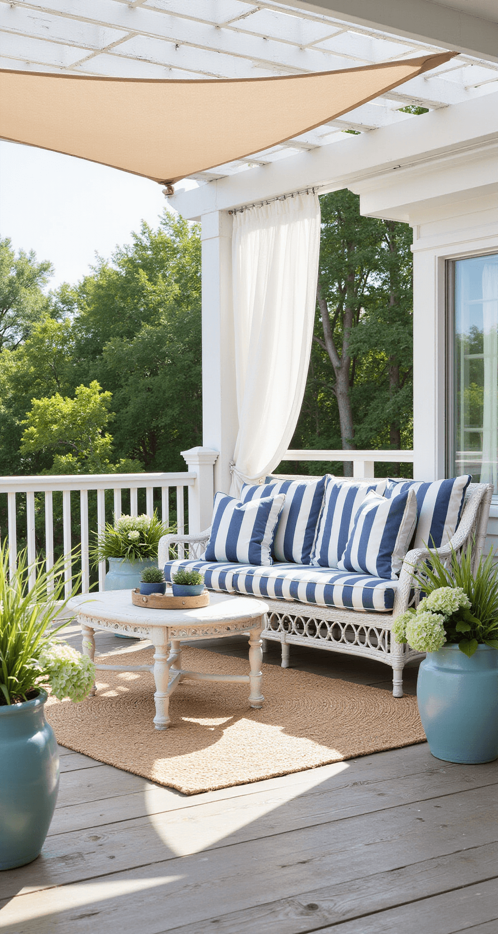 Coastal chic patio with a weathered ipe wood deck, featuring a whitewashed rattan conversation set with navy and white striped cushions, pale blue ceramic planters, and a jute rug, all under a pergola with billowing sheer curtains and a canvas sail shade.