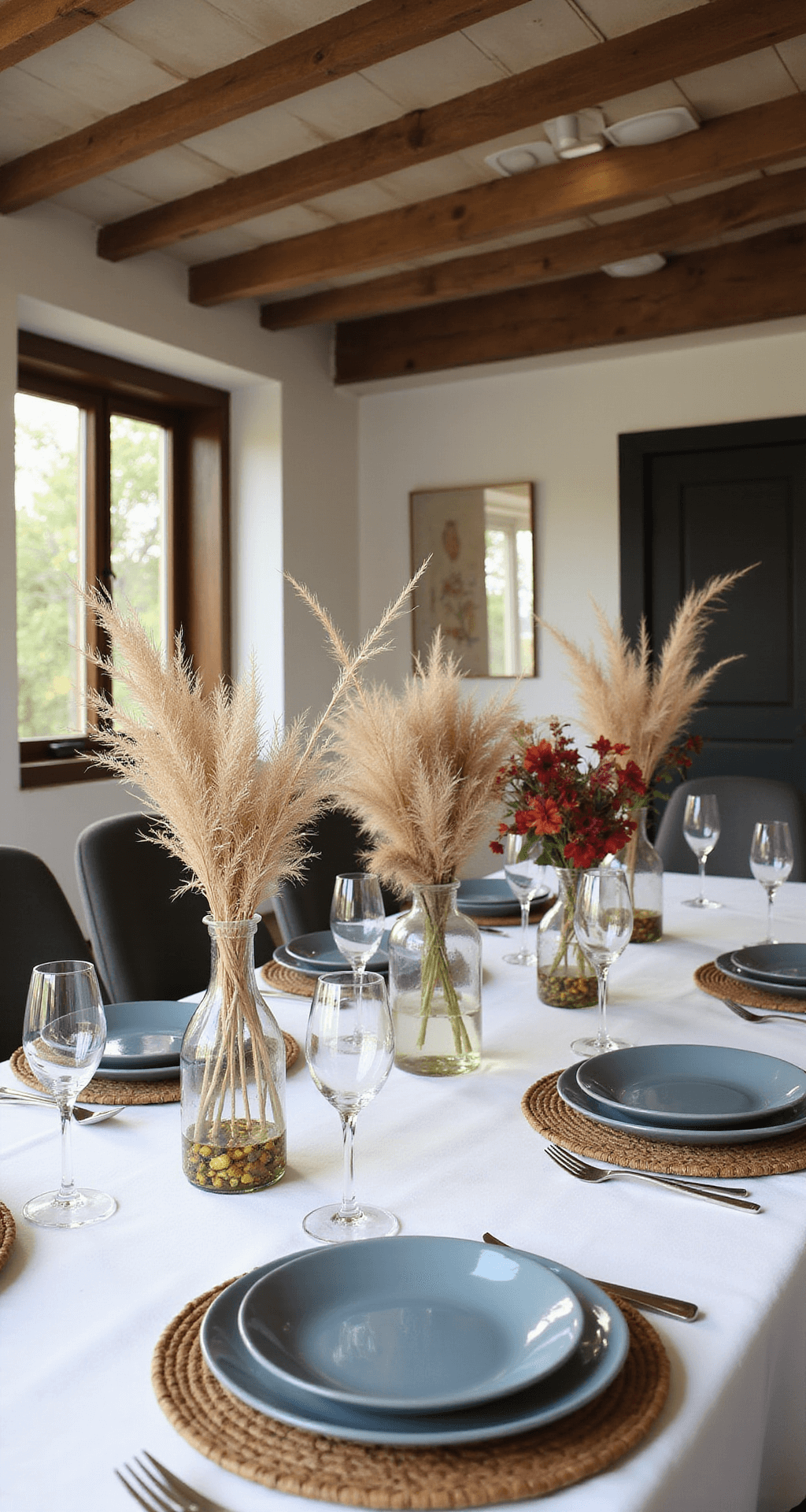 A modern-rustic dining space featuring a long table adorned with minimalist arrangements of dried pampas grass and late summer blooms in clear glass vases, set with muted blue plates on natural wood chargers and soft white linens, all illuminated by warm afternoon light through exposed beams, creating a sophisticated yet relaxed atmosphere.