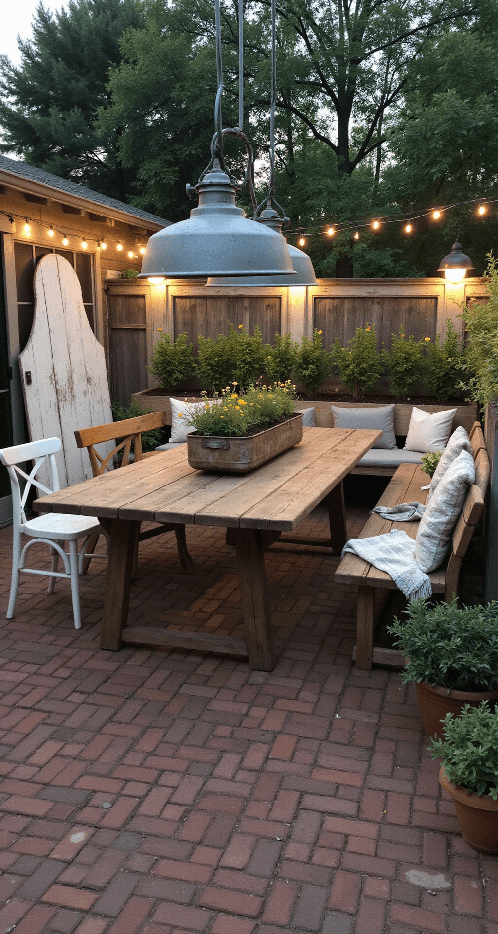 A rustic farmhouse patio at dusk with a reclaimed brick surface, illuminated by oversized industrial pendant lights, surrounded by a cottage garden filled with wildflowers and herbs in galvanized metal planters, featuring a vintage table with mismatched chairs, architectural salvage against a stone wall, and soft throw blankets on wooden benches.