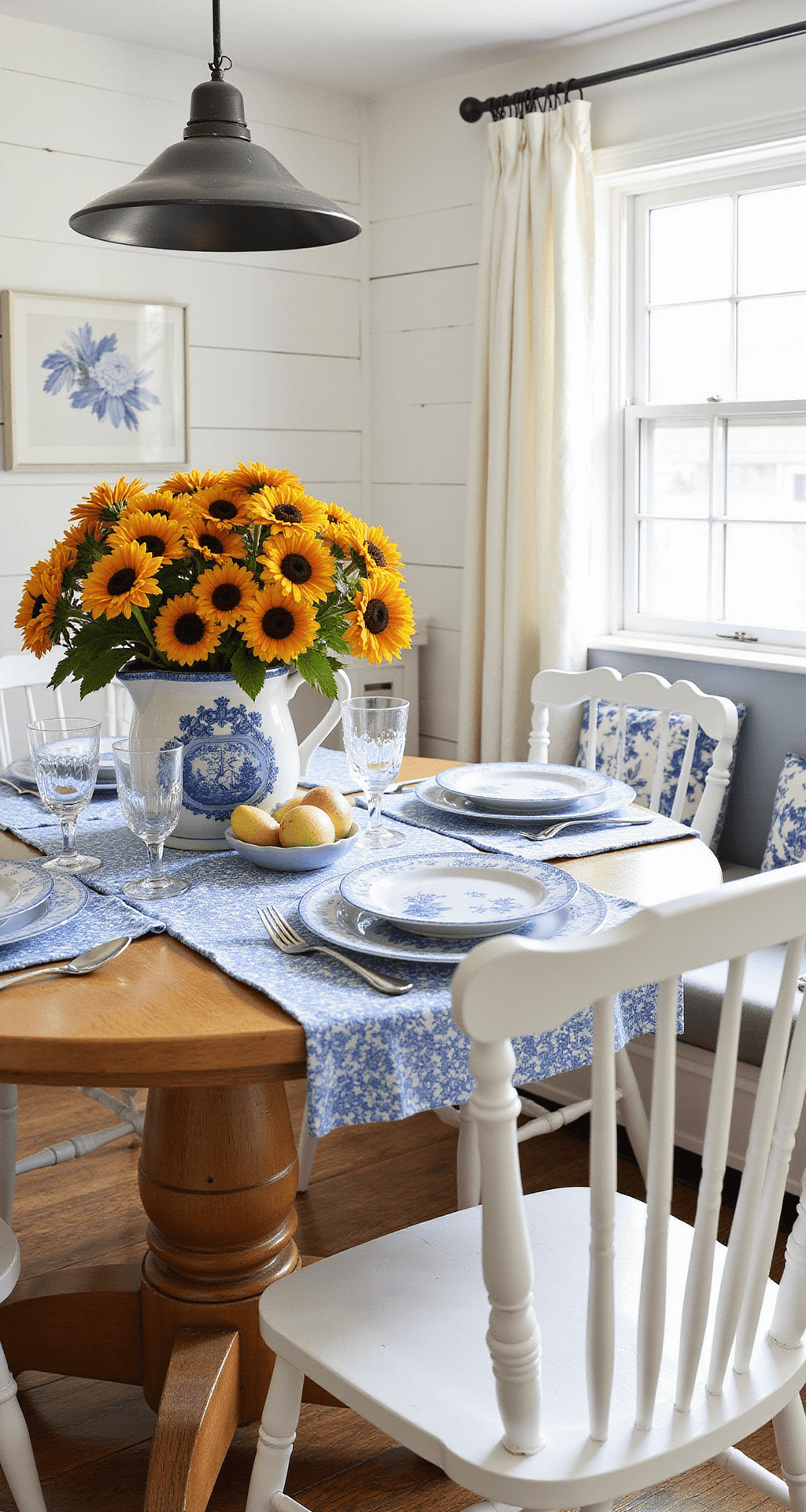 A cozy cottage-style breakfast nook with white shiplap walls, featuring a round pedestal table adorned with a vintage ironstone pitcher of black-eyed Susans and a mix of antique blue transferware alongside modern white plates, all illuminated by bright morning light, creating a cheerful, nostalgic atmosphere.