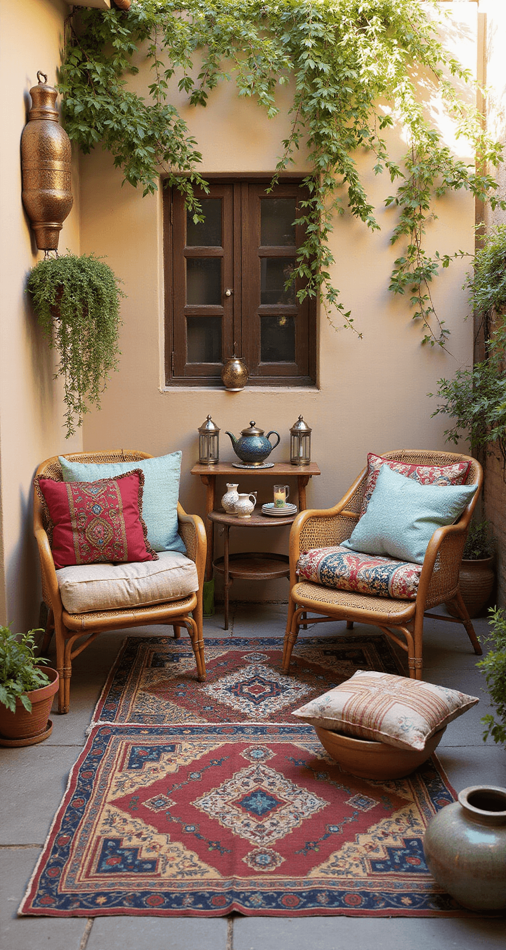 A cozy Bohemian retreat featuring a mosaic tile patio with vintage Moroccan rugs, low rattan lounge chairs adorned with embroidered cushions, and brass lanterns casting warm light, surrounded by trailing plants in woven planters and painted ceramic side tables holding a Moroccan tea service. Gauzy curtains diffuse the golden afternoon light.