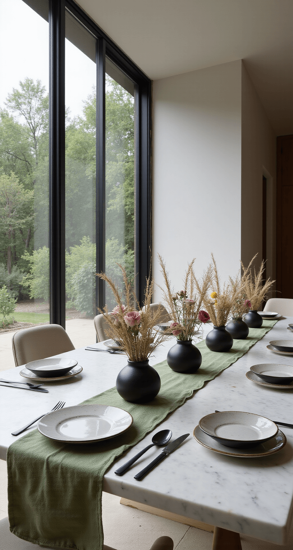 A contemporary dining room featuring a long marble table adorned with a sage green linen runner, complemented by small bud vases holding garden roses and wild grasses. The space is illuminated by late afternoon light streaming through floor-to-ceiling windows, highlighting modern matte black flatware and handmade ceramic plates against the backdrop of architectural details.
