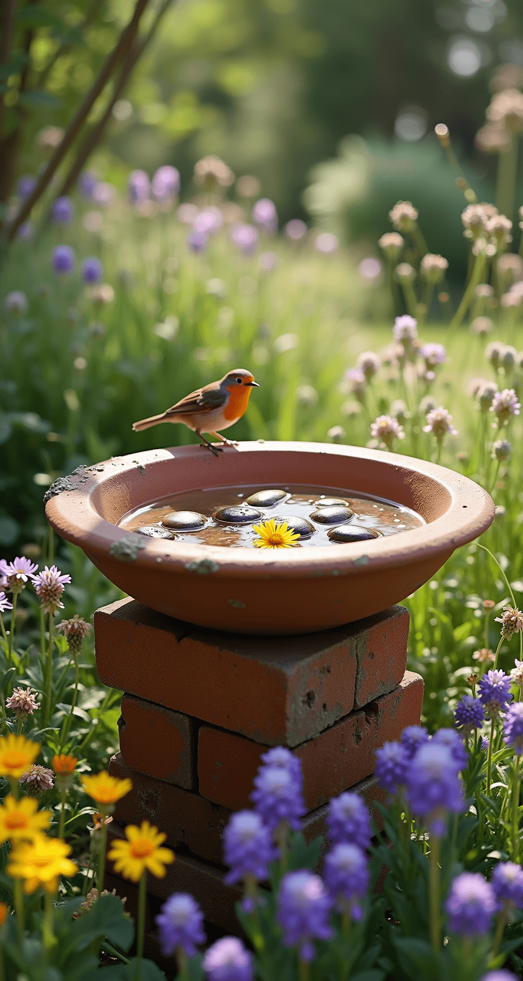 A rustic bird bath scene in a sun-dappled garden, featuring a weathered terracotta saucer on vintage bricks, clear water with river stones, and colorful wildflowers, with a robin perched on the edge.