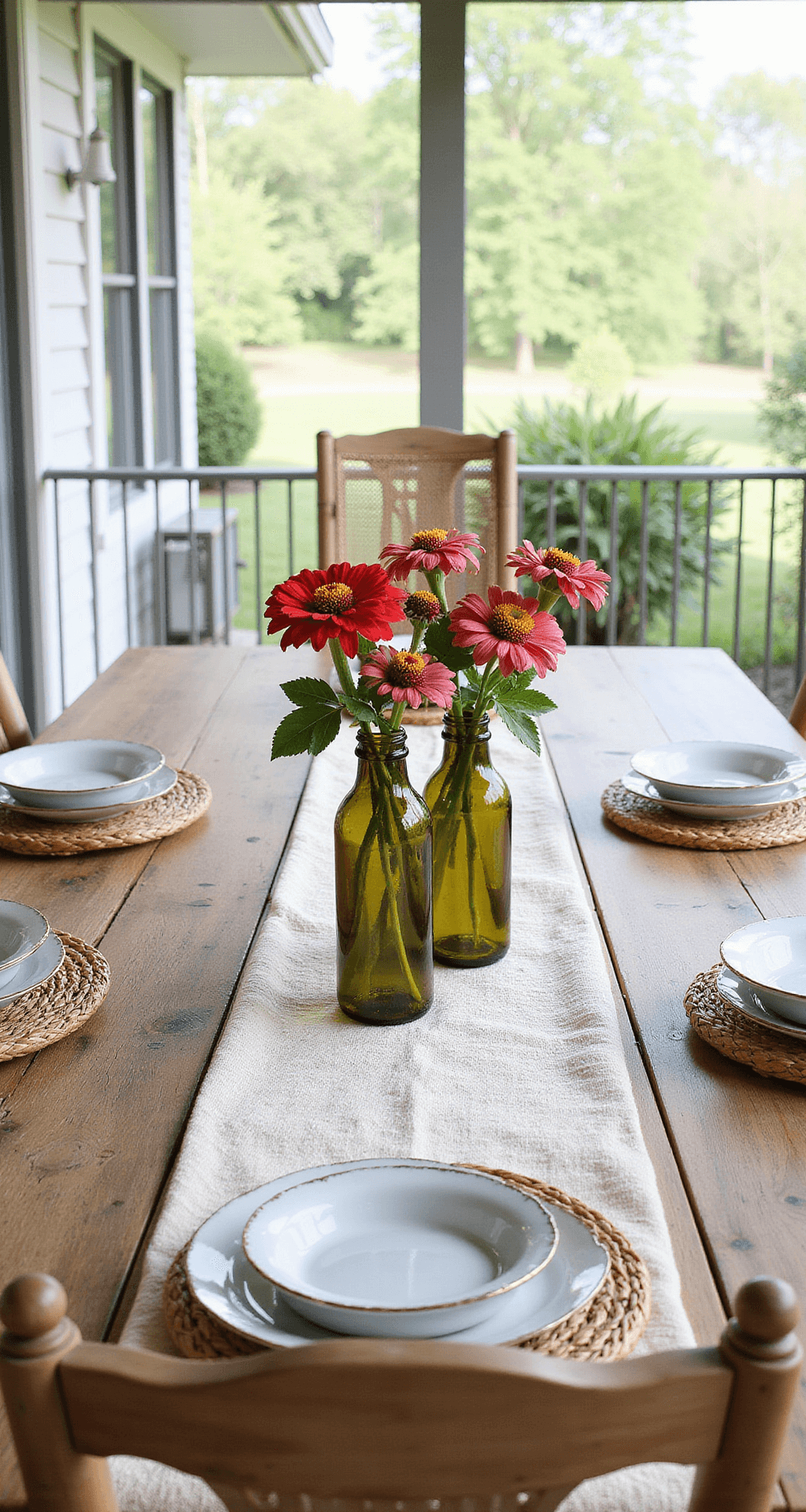 A screened porch dining area features a weathered teak table set with a textured cream table runner, vintage glass bottles holding homegrown zinnias as a centerpiece, and rattan chargers beneath white earthenware, all bathed in natural diffused daylight for a casual garden party elegance.