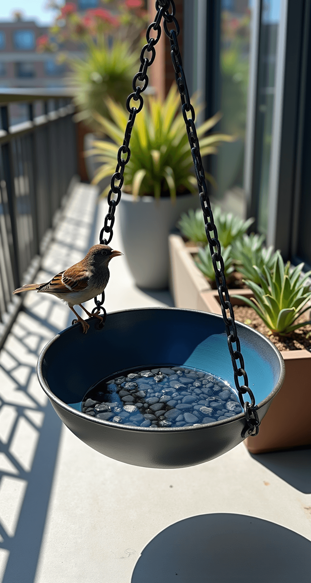 A modern urban balcony features a repurposed vintage frying pan bird bath, suspended from a minimalist metal frame. The pan, painted matte navy blue and filled with reflective water, is surrounded by concrete planters with succulents. A curious sparrow inspects the bath, all illuminated by bright midday sunlight with high-contrast shadows highlighting the metallic elements.