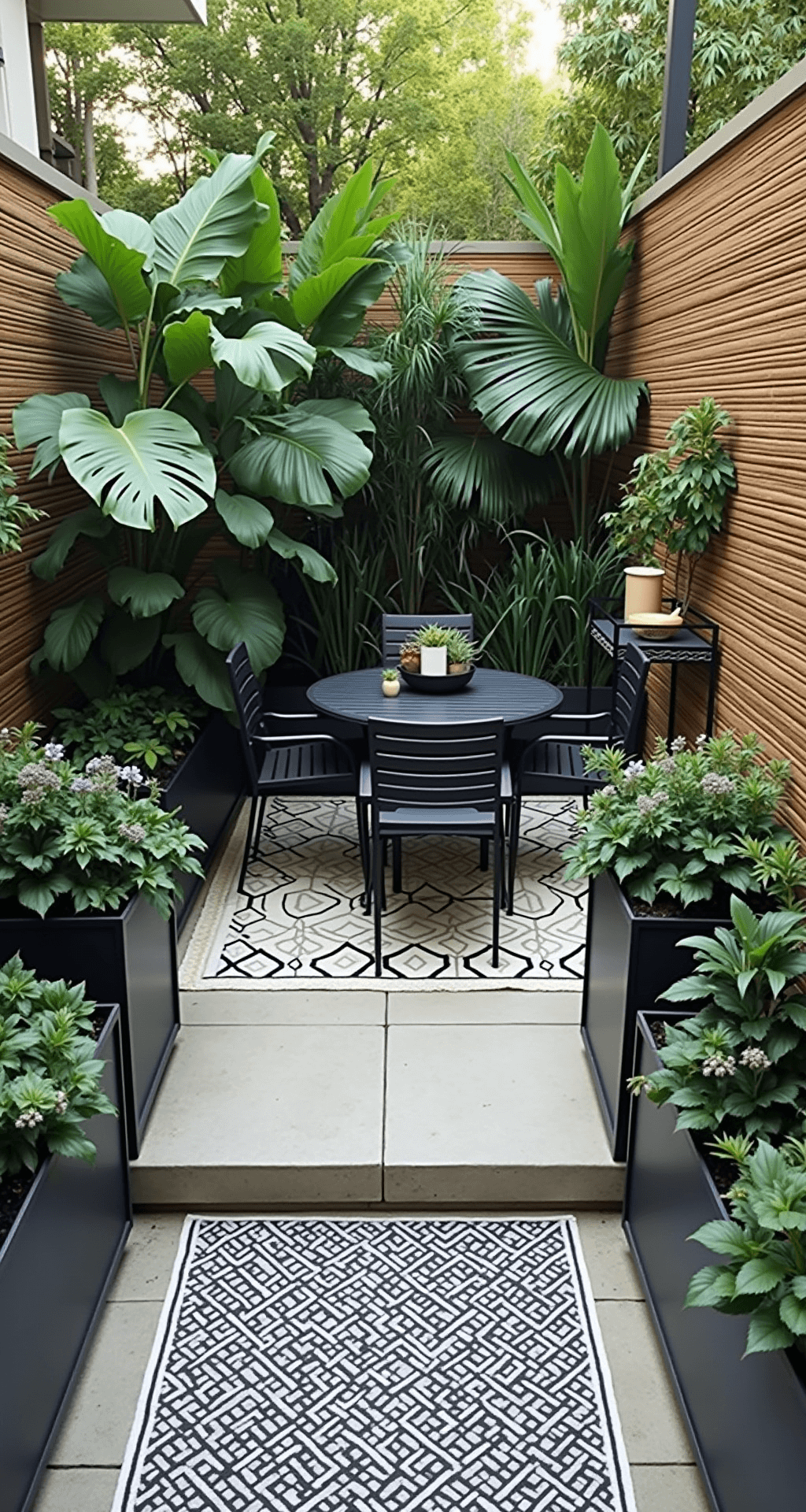 A contemporary urban patio featuring a 10x12ft concrete surface surrounded by tropical foliage in steel planters, a black metal bistro set, a bar cart with succulents, and a black and white geometric rug, all enclosed by natural bamboo screens.
