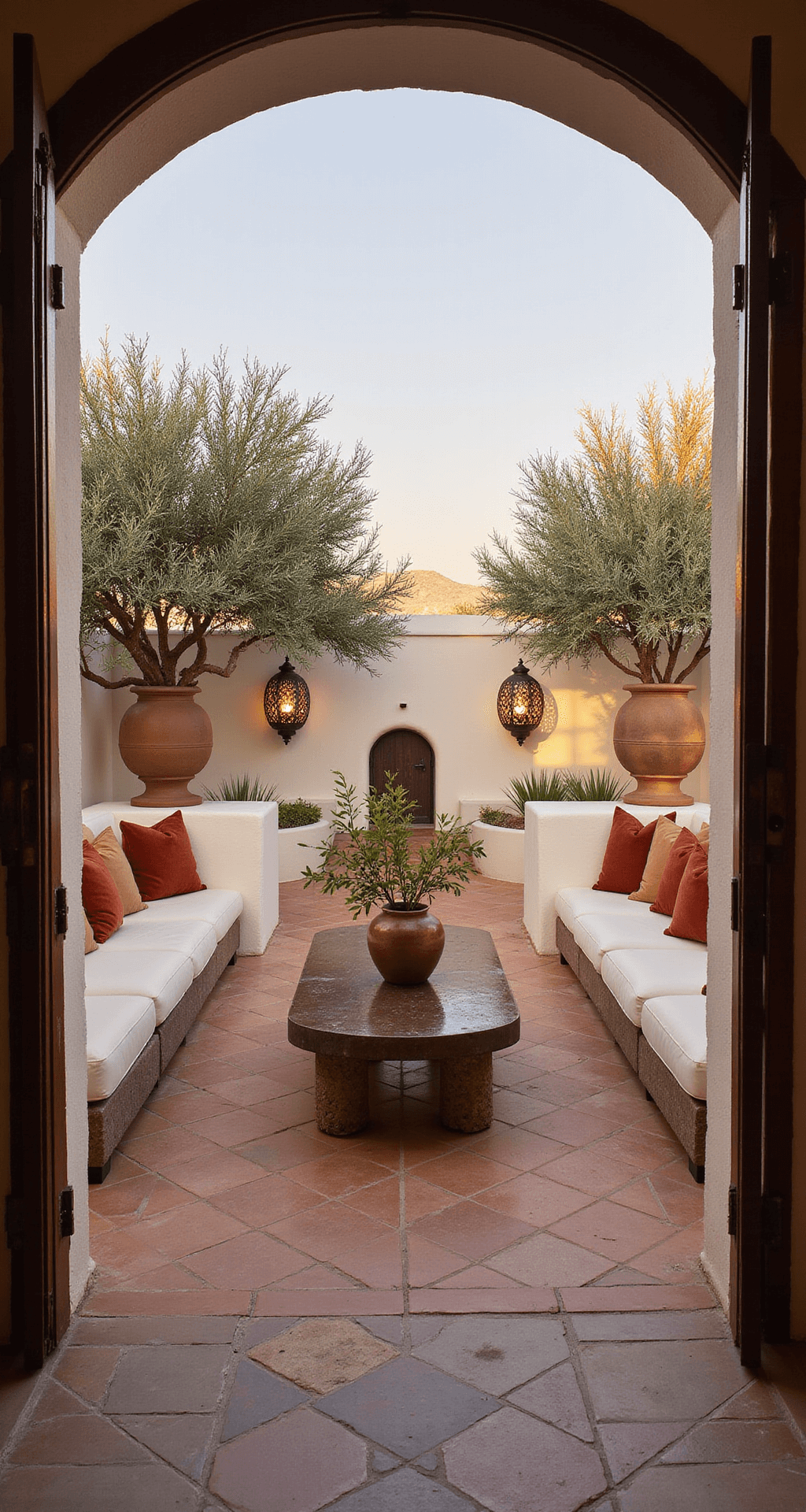 A modern Mediterranean terrace at sunset featuring a terracotta tile patio with whitewashed walls, curved built-in seating with cream cushions and rust-colored pillows, olive trees in clay urns, Moroccan brass lanterns casting shadows, a rustic wooden coffee table with citrus branches in an earthenware vase, and a stone fountain creating a serene ambiance.