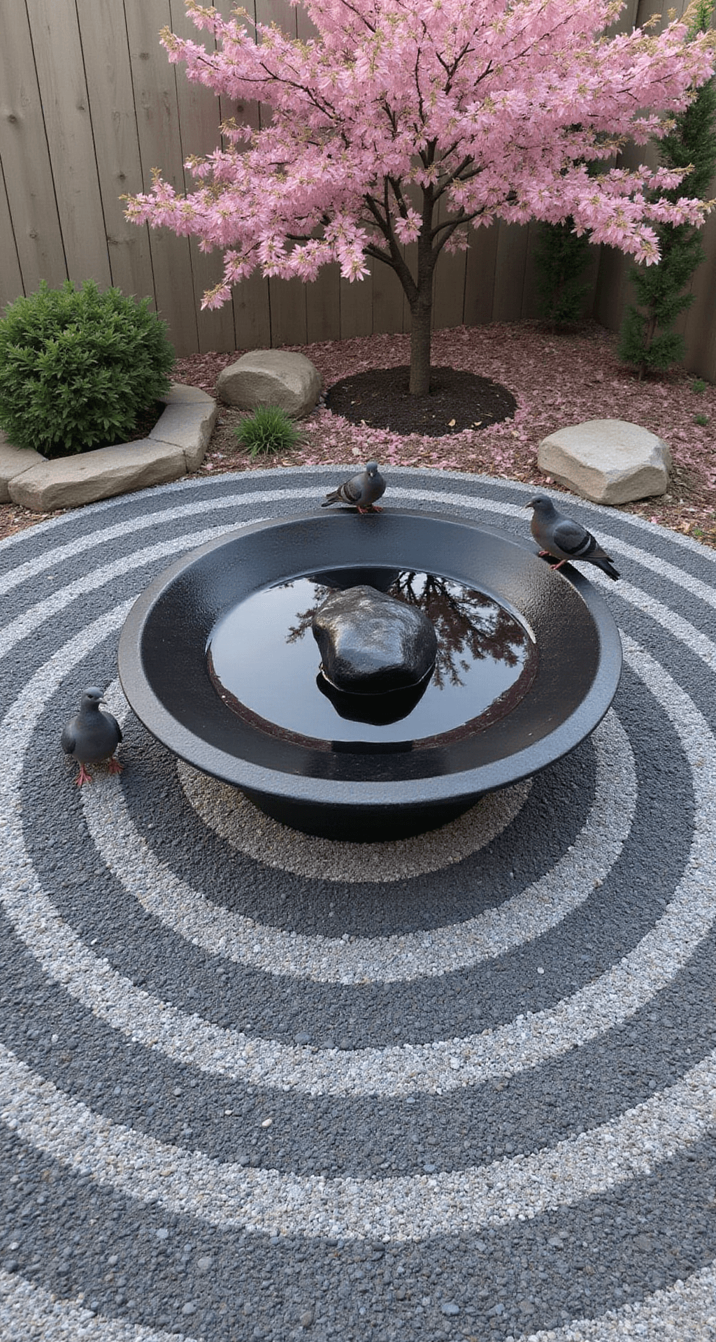 A serene Japanese garden at dawn featuring a minimalist bird bath made of black granite, filled with still water reflecting a soft pink sky. A large black river rock sits off-center in the bath, surrounded by carefully raked gravel in concentric circles. A weeping cherry tree adds an organic touch nearby, while a pair of doves perch on the edge of the bath, all bathed in soft, diffused morning light.