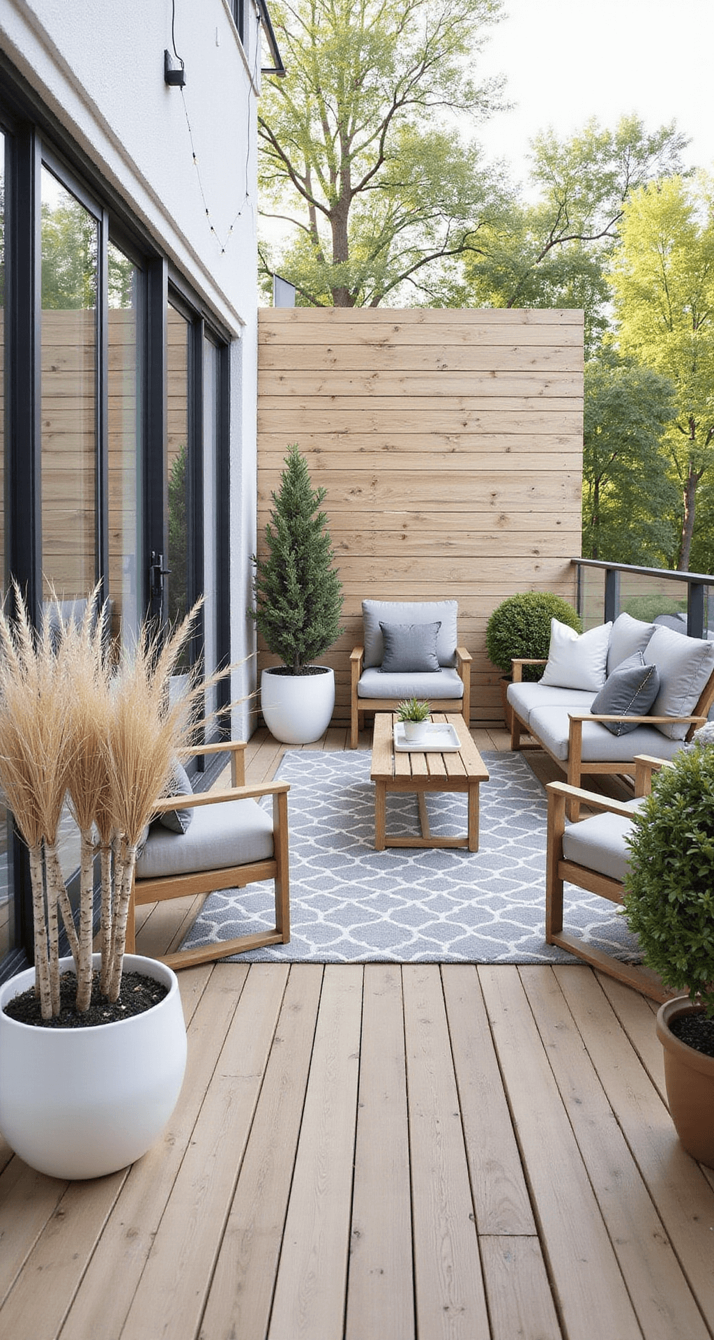 A minimalist Scandinavian balcony in morning light, featuring light wood decking with glass railings, teak furniture with grey cushions, white ceramic planters with grasses and birch saplings, a pale grey and white geometric rug, string lights overhead, and blonde wood privacy screens with planter boxes.