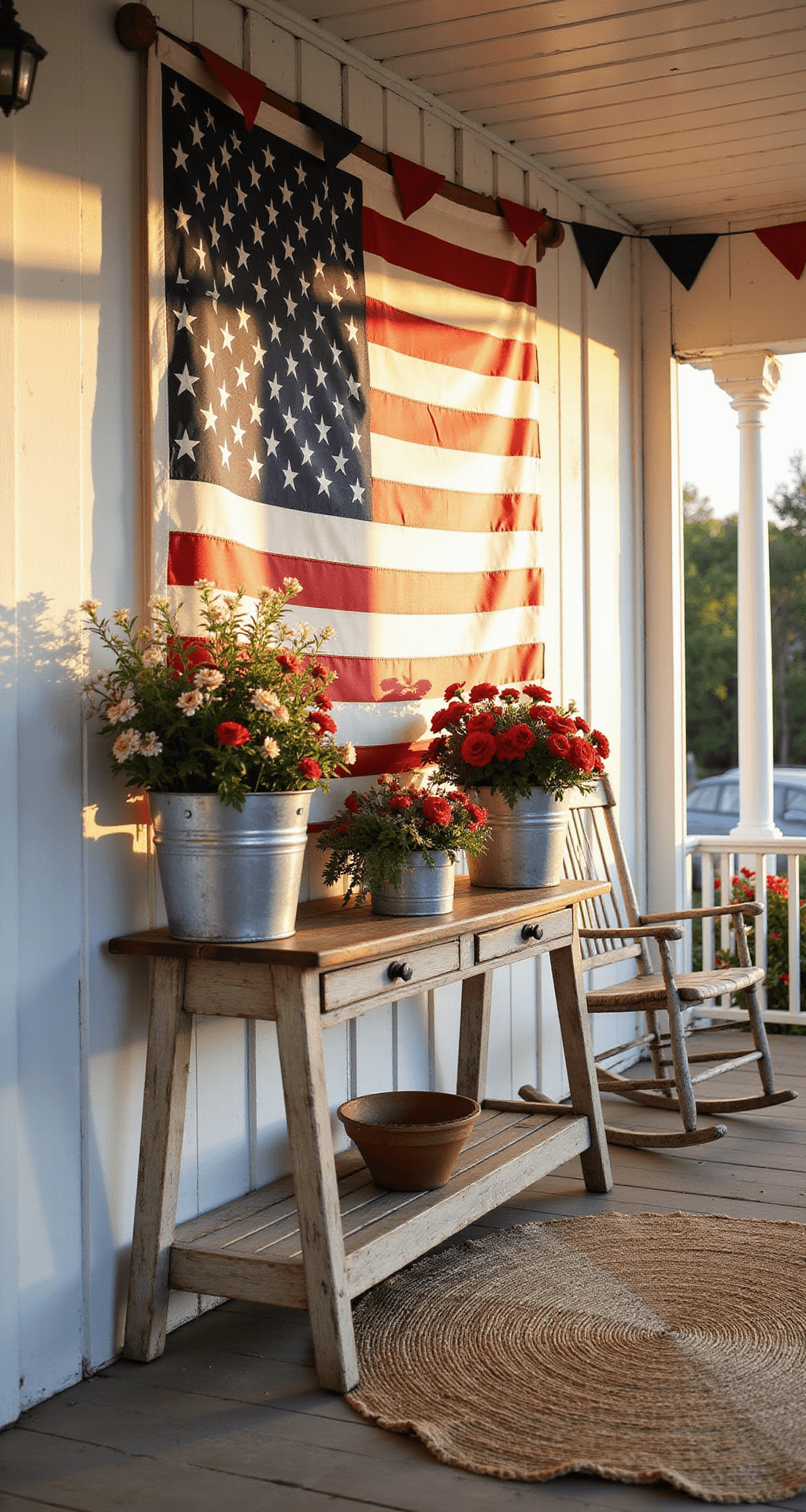 Star-Spangled Splendor: Unleashing Your Inner Patriot with Fourth of July Decor A wide-angle view of a sun-drenched farmhouse front porch at golden hour, featuring whitewashed wooden pillars adorned with navy and red bunting, vintage rocking chairs, a weathered console table with an oversized antique American flag, overflowing galvanized buckets of red and white flowers, and a natural jute rug, all captured from a low angle to emphasize intricate woodwork and warm shadows.