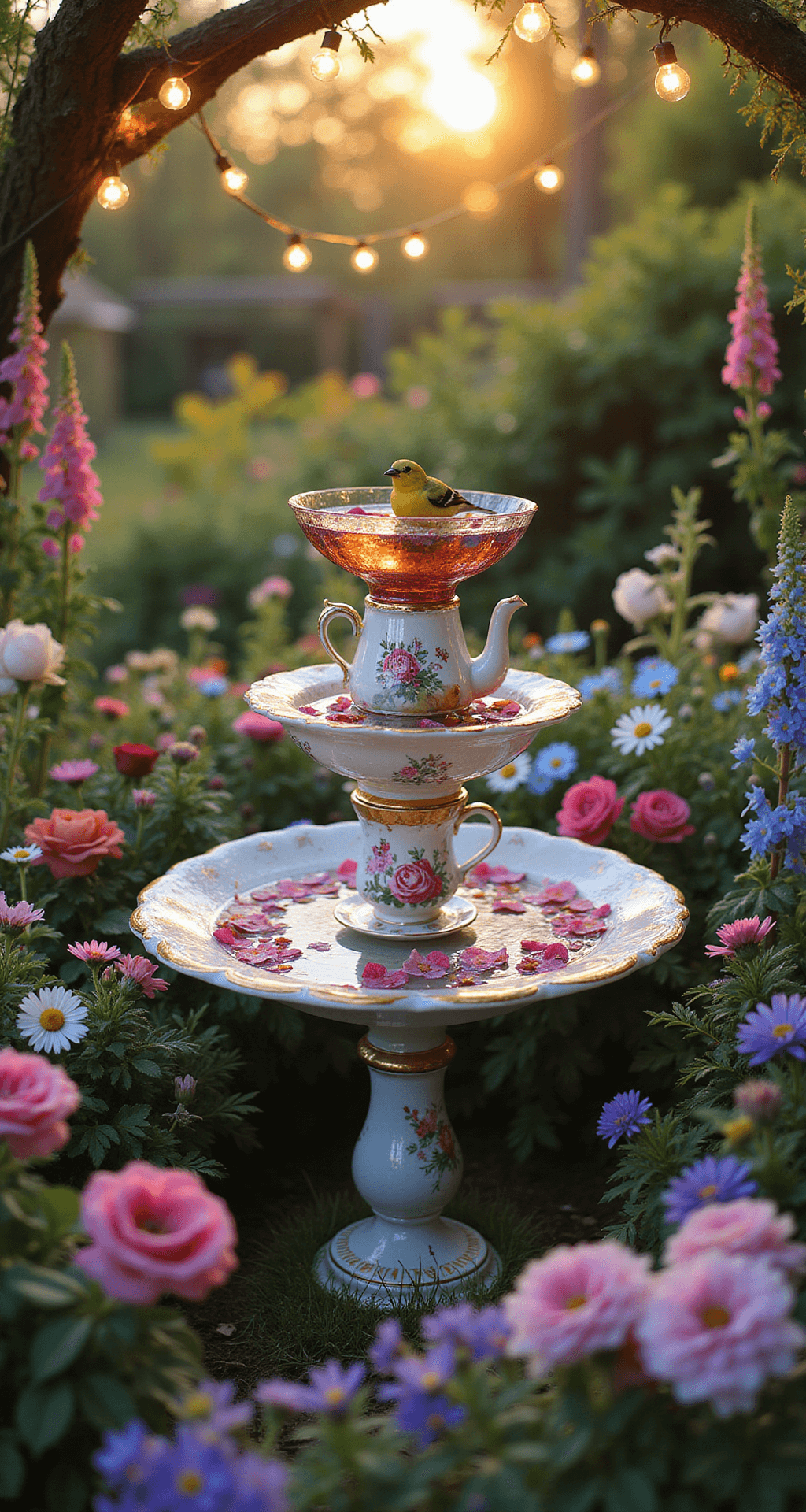 A whimsical bird bath made of colorful teacups and saucers, topped with an iridescent glass bowl filled with flower petals, surrounded by a lush garden of vibrant blooms and twinkling fairy lights, captured in the warm glow of golden hour with a family of finches bathing.