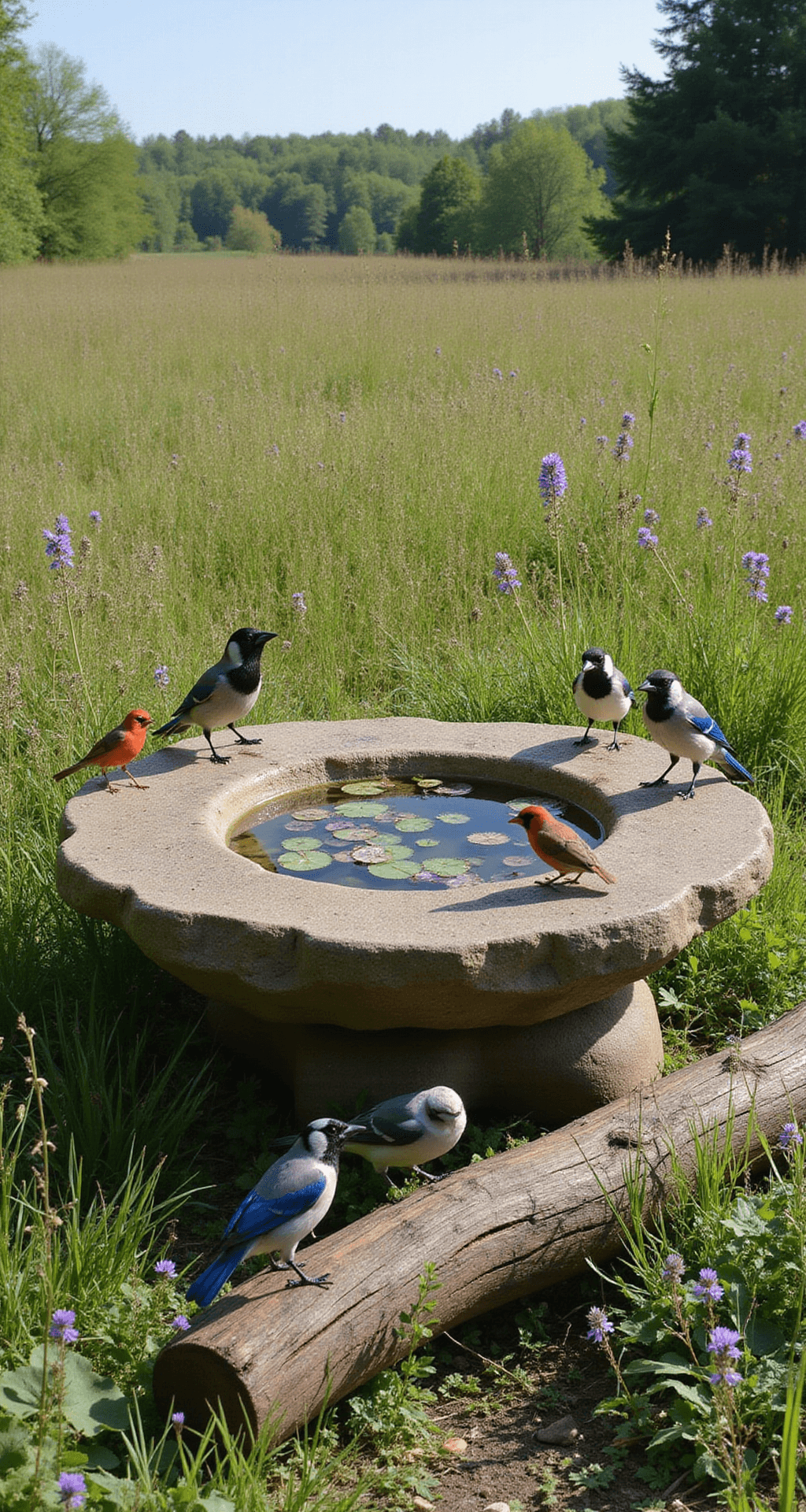 A wide-angle view of a wild meadow featuring a natural eco-friendly bird bath made from a large, flat stone surrounded by tall grasses and colorful wildflowers. The bird bath contains rainwater and water lilies, with bluejays and cardinals gathering around it in bright sunlight.