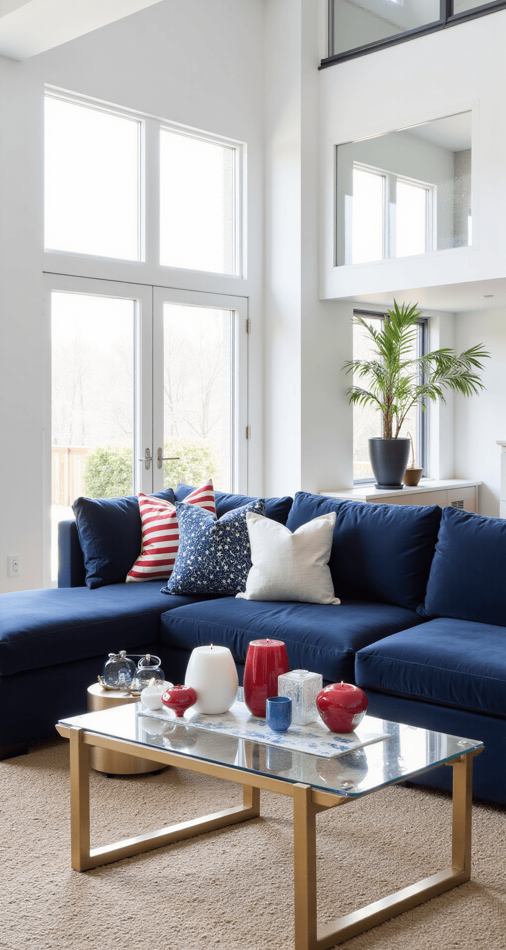 Modern open-concept living room featuring clean white walls, a navy velvet sectional with stars and stripes pillows, a sleek brass and glass coffee table with geometric red, white, and blue candle holders, and floor-to-ceiling windows allowing mid-morning natural light.