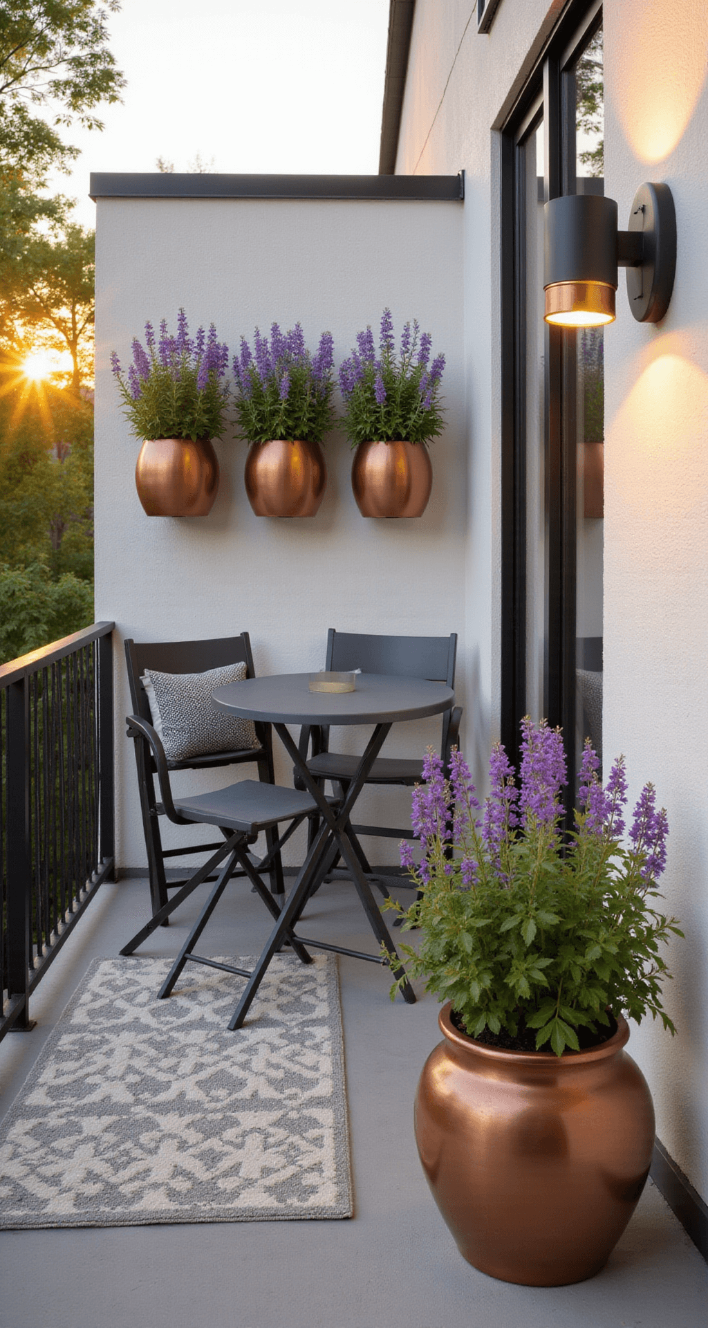 A contemporary balcony at sunset featuring a grey fold-down table against a white wall, adorned with copper planters filled with purple lobelia and silver dichondra, a modern bistro set, and a geometric cream and grey outdoor rug, all bathed in warm natural light.