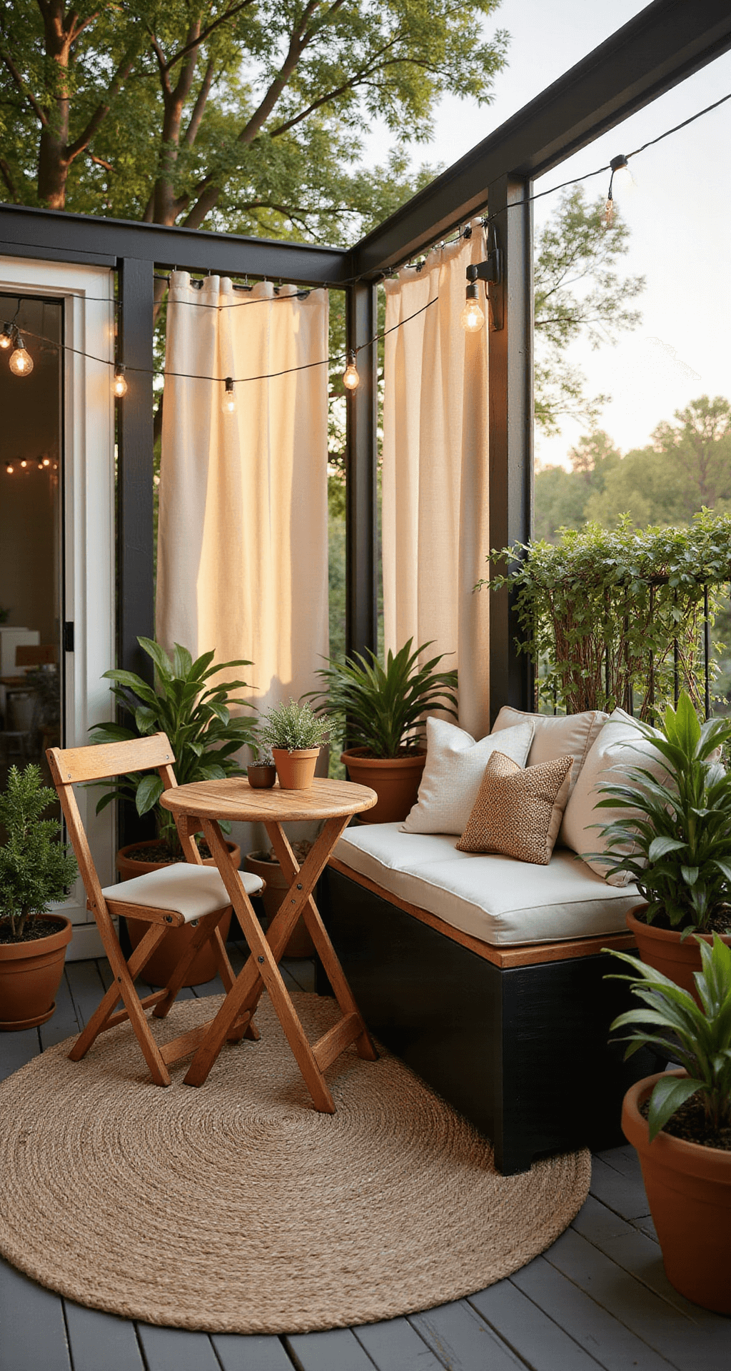 A cozy 8x10ft apartment patio at golden hour, featuring a foldable acacia wood bistro set with cream cushions, a matte black storage bench, and semi-sheer outdoor curtains filtering natural light. String lights overhead create a warm glow, complemented by layered terra cotta pots with cascading plants, a jute rug, woven pillows, and ceramic planters, all in a color palette of sage green, warm woods, cream, and black accents.
