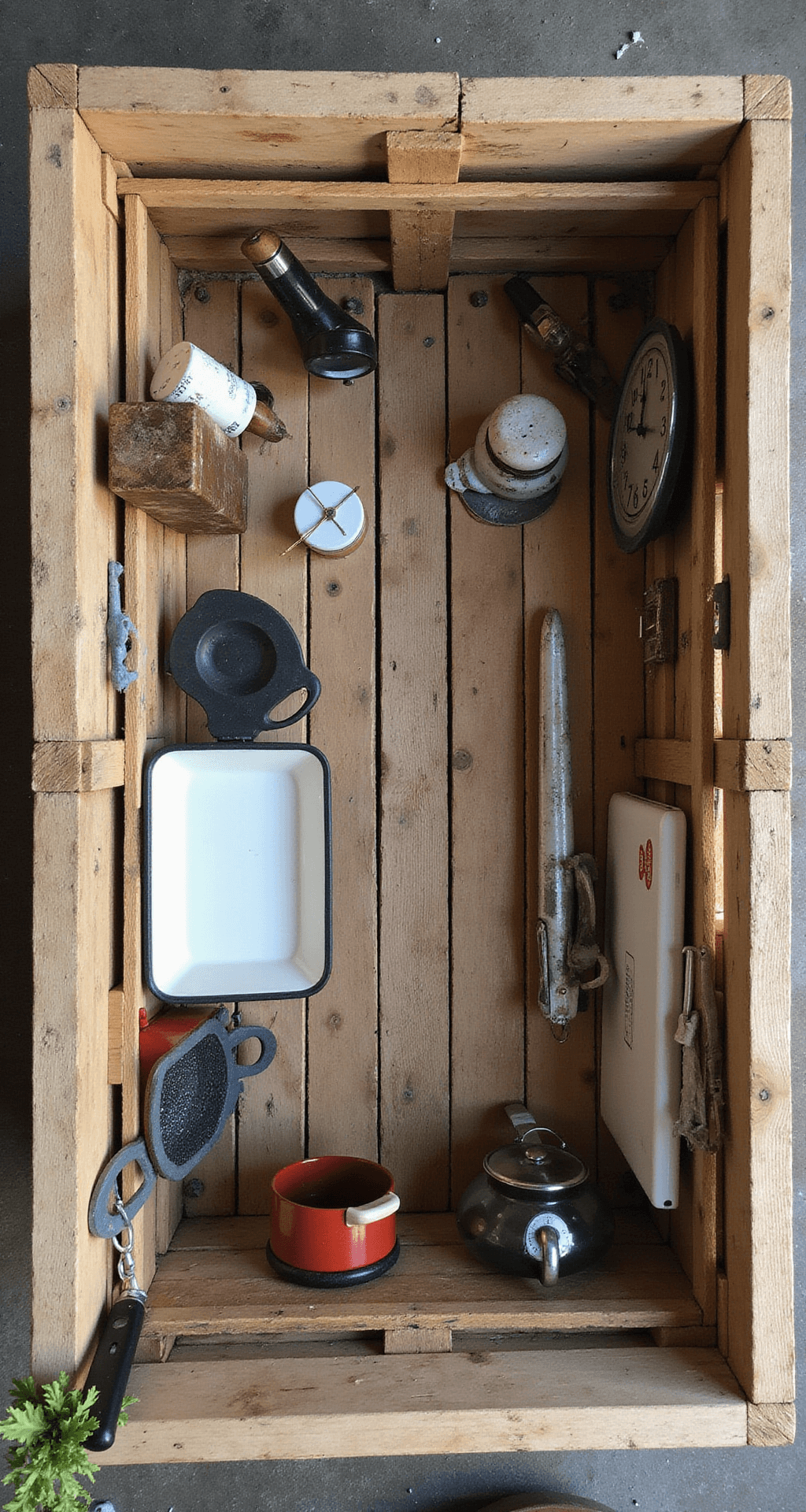 Overhead view of a compact 5x7ft budget-friendly mud kitchen made from upcycled materials, showcasing organized thrifted cooking tools, DIY storage, and a pallet wood structure with integrated shelving and multi-level work surfaces, all in an earth-toned palette with vintage kitchenware accents.