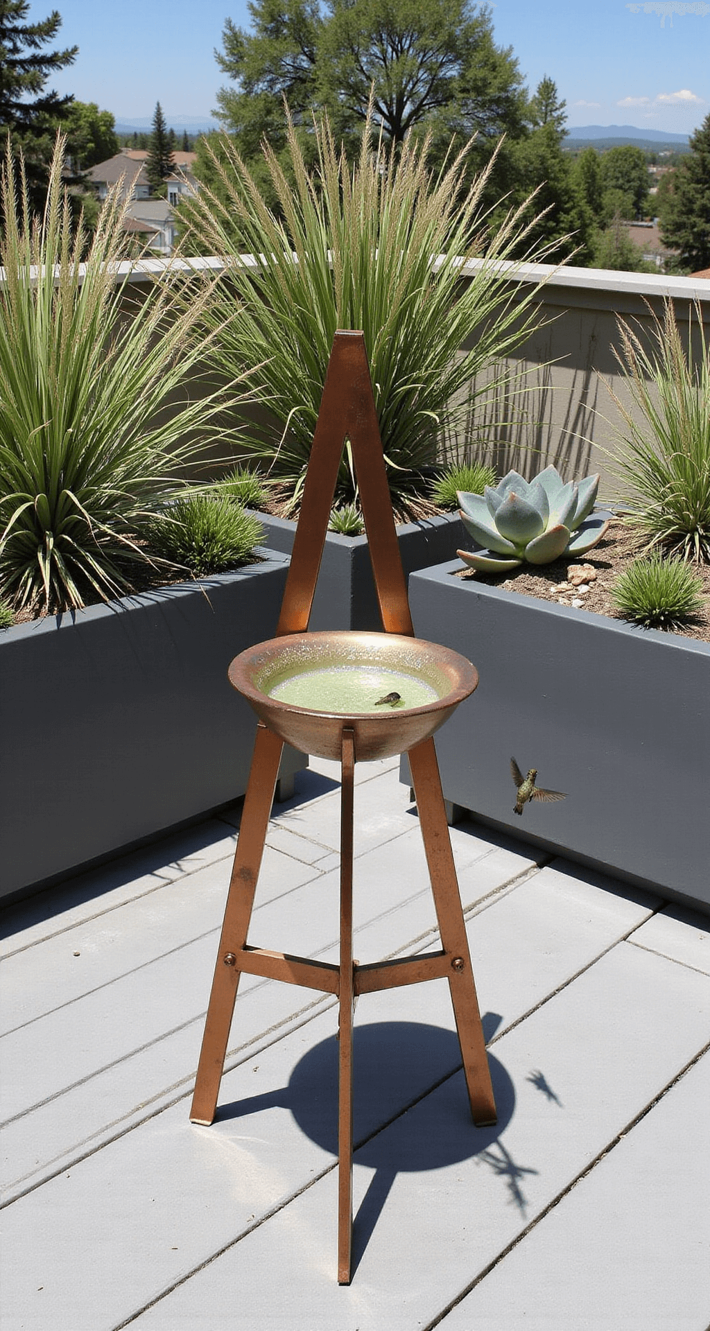 A contemporary rooftop garden featuring a geometric bird bath made of intersecting metal triangles in copper, brass, and steel, with a shallow pool of water. Surrounded by rectangular planters filled with ornamental grasses and succulents, the light grey decking contrasts with the metallic tones and green plants. A hummingbird hovers nearby, captured in bright, direct sunlight, emphasizing strong shadows and metallic reflections.