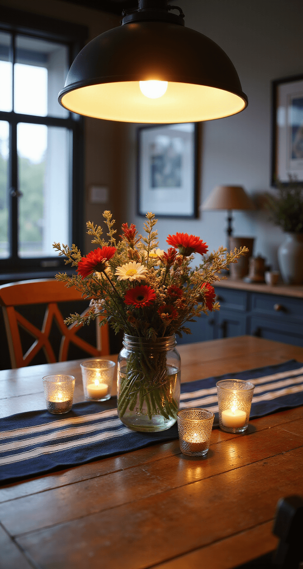 Intimate dining room vignette at dusk showcasing a rustic farmhouse table under an industrial pendant light, adorned with a vintage Mason jar centerpiece of wildflowers, mercury glass votives, and a navy striped table runner with antique white china, captured in warm ambient lighting.