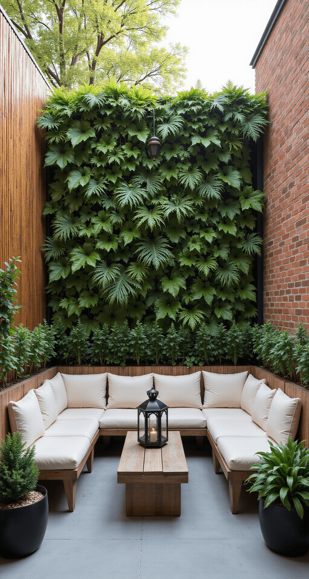 A vibrant vertical garden fills an 8ft wall in a 10x12ft apartment patio, featuring lush ferns, pothos, and peace lilies. Natural bamboo privacy screens are positioned on the sides, complemented by low-profile weathered teak seating with ivory cushions. Suspended Moroccan lanterns add charm at varying heights, all captured in mid-morning light.