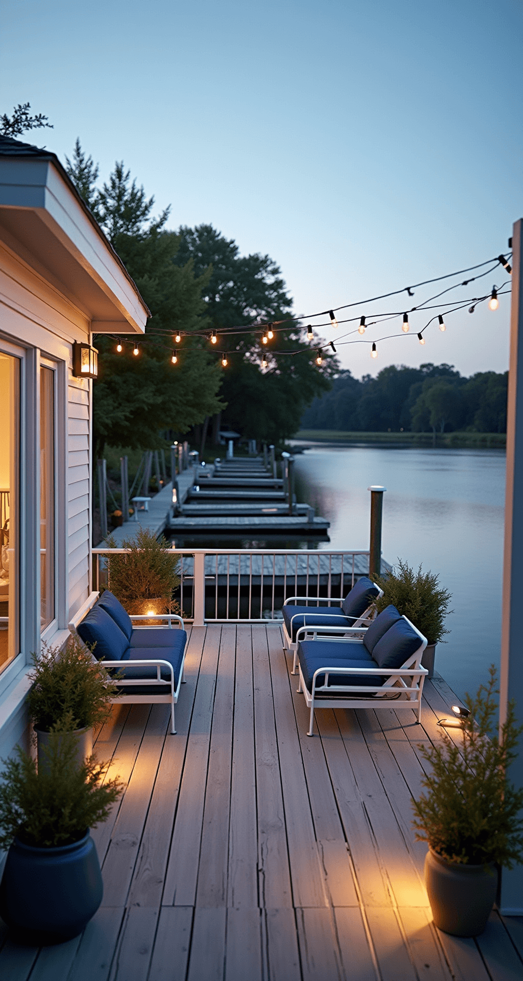 Twilight view of a cozy 8x8ft dock-adjacent patio featuring white aluminum furniture with navy cushions, coastal grasses in ceramic planters, weathered grey decking, and ambient lighting from brass wall lights and string lights above, capturing water reflections.