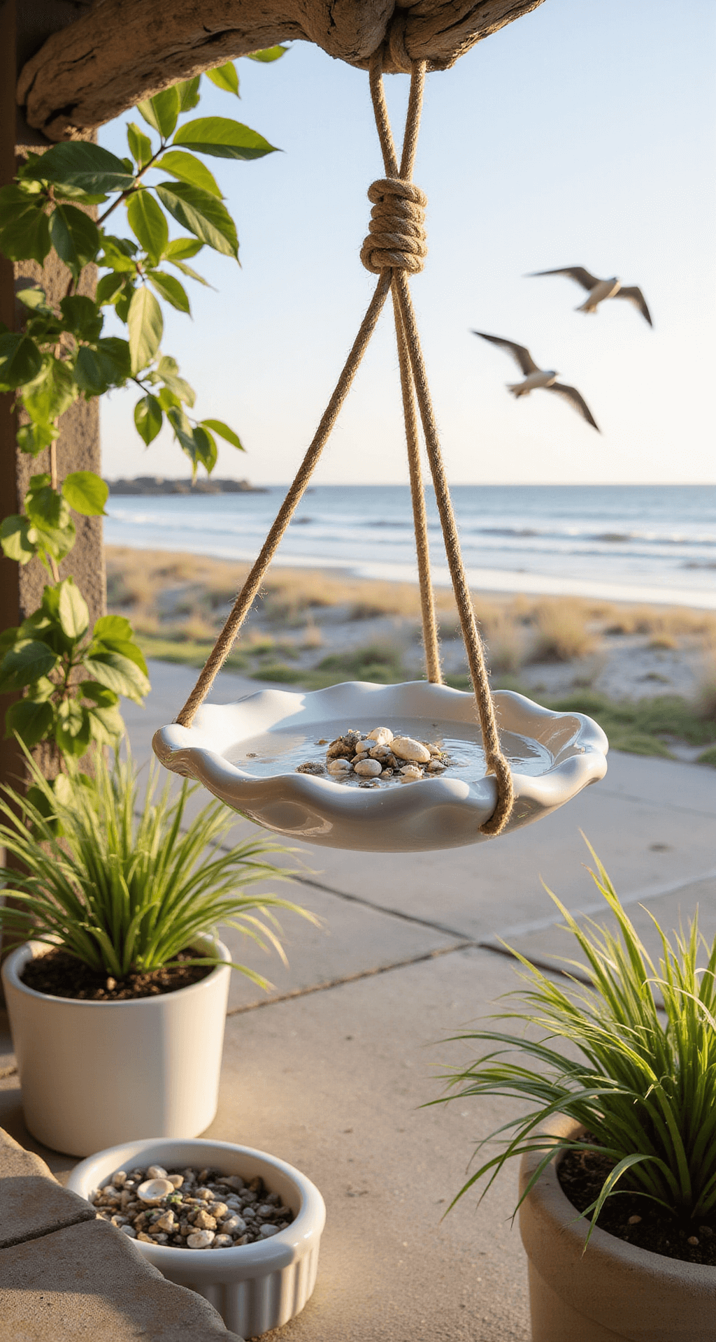 A coastal-inspired hanging bird bath shaped like a seashell, suspended from a driftwood beam with nautical rope, filled with clear water, seashells, and sea glass, on a breezy beachfront patio surrounded by potted palms and beach grasses, under a warm golden glow from the setting sun with seagulls overhead.