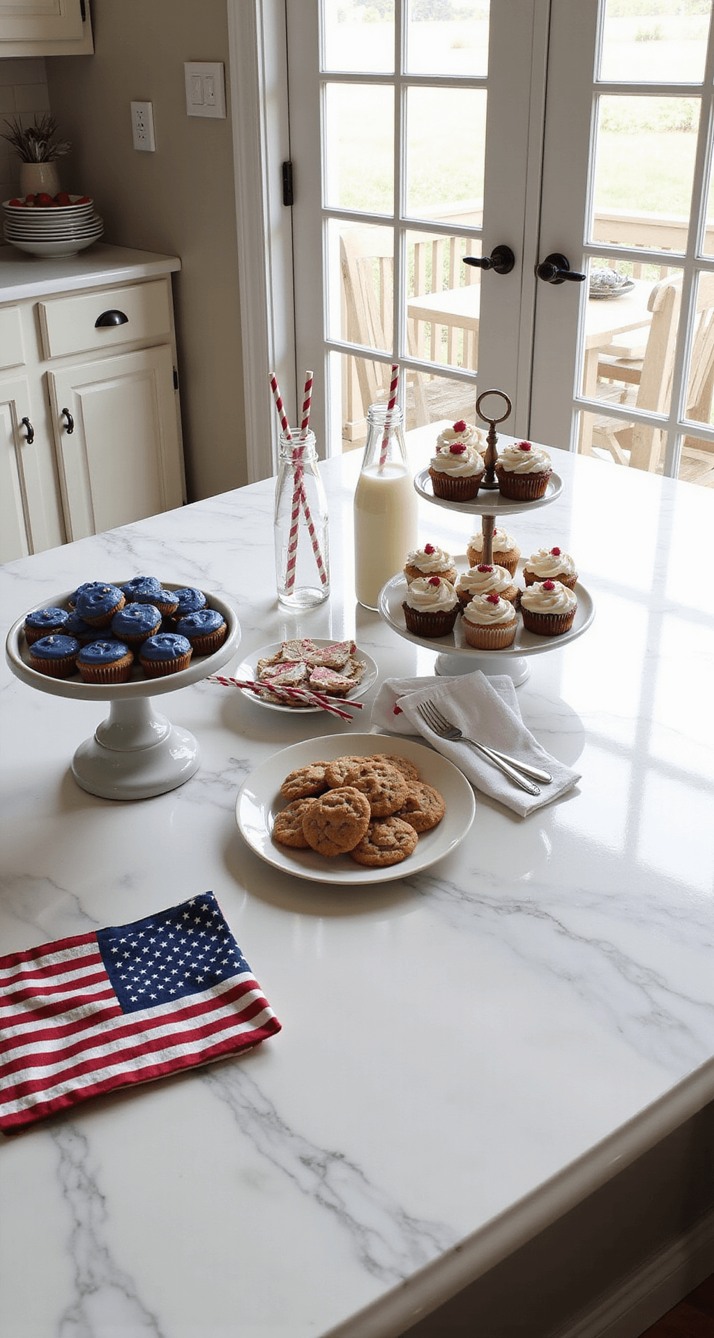 Bright kitchen island adorned with a white marble countertop featuring tiered cake stands of patriotic cupcakes and cookies, vintage milk bottles filled with red and blue straws, and American flag tea towels, illuminated by morning light streaming through adjacent French doors.