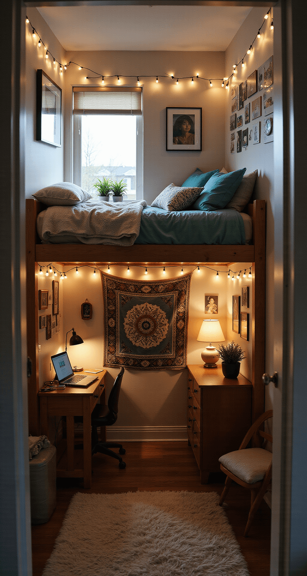 Cozy dorm room with lofted bed adorned with string lights and tapestry, compact desk with laptop, plush pillows, and fuzzy rug. Muted earth tones with teal accents, personal photos on gallery wall, warm afternoon light creates inviting atmosphere.