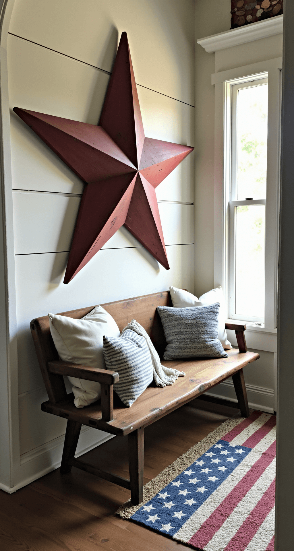 Cozy entryway nook with shiplap accent wall featuring a large distressed red, white, and blue wooden star, vintage bench with striped cushions and knit throws, and a layered jute rug with a stars and stripes doormat, all bathed in soft afternoon light.