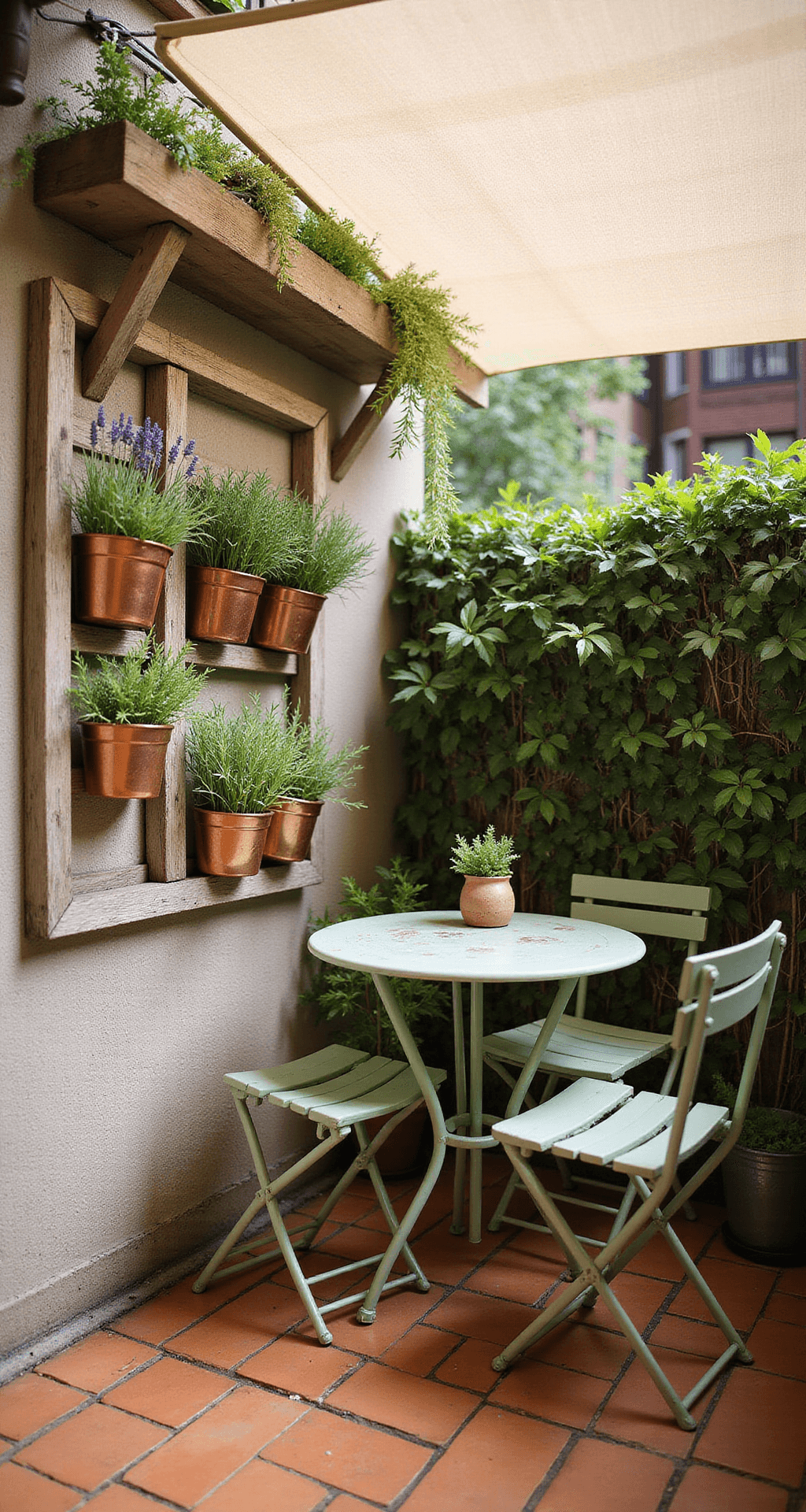 Urban corner patio featuring terracotta tiles and a sage green vintage bistro set, adorned with a vertical herb garden in copper planters, an ivory canvas shade sail overhead, and a rustic wooden ladder shelf with potted lavender and rosemary, captured in afternoon light with rich texture detail.