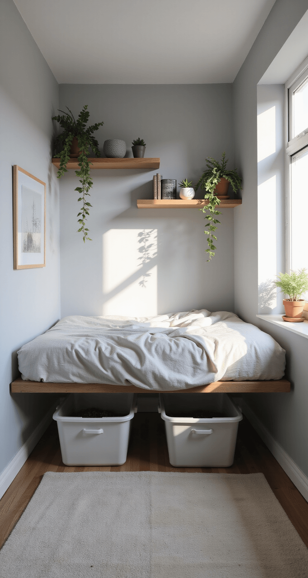 A minimalist dorm room featuring a sleek platform bed with under-bed storage, a floating desk, and wall-mounted shelves, bathed in soft morning light with potted succulents adding greenery, all in a calming grey and white color scheme.