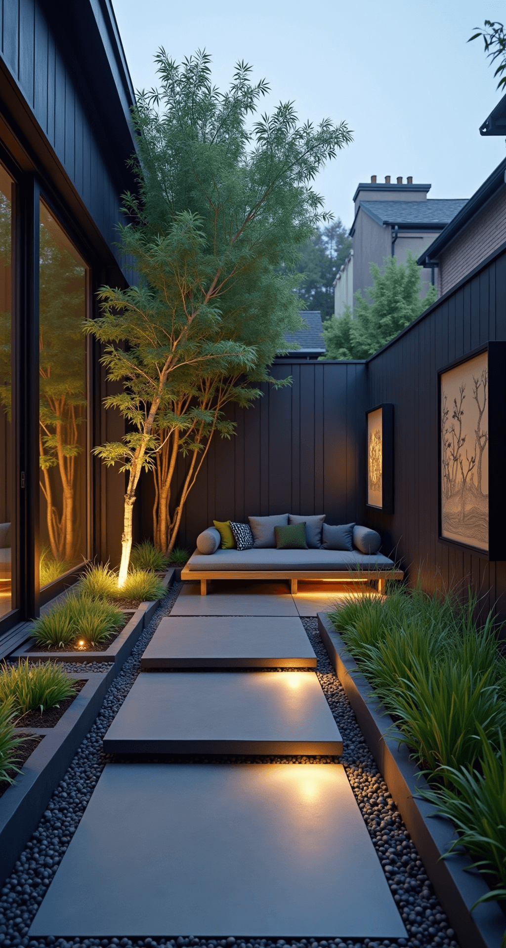 A minimalist 7x9ft Zen pocket garden patio featuring charcoal porcelain tiles with integrated LED lighting, bleached teak seating, black bamboo in architectural planters, and glass wind screens, all illuminated during morning blue hour with a misty atmosphere.