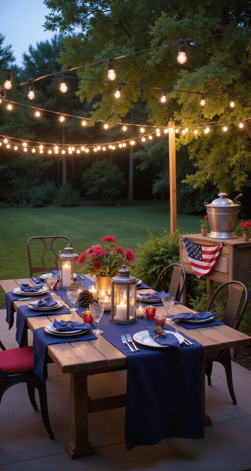 A twilight garden patio scene featuring a wooden dining table adorned with navy linens, lanterns, and mason jar arrangements, surrounded by vintage metal chairs with red cushions. Ambient glow from string lights illuminates the setting, while a metal bucket drink station with American flag bunting adds a festive touch. The image is captured from a corner angle, highlighting the evening atmosphere.