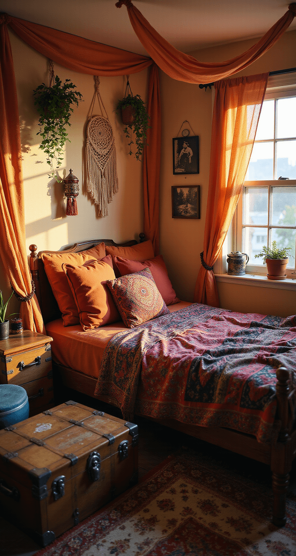 A cozy bohemian dorm room bathed in warm golden light, featuring a bed with a canopy and colorful throw pillows, macramé plant hangers, and a large dream catcher on the walls, with a vintage trunk providing storage and seating. The rich, warm color palette includes oranges, deep purples, and earthy browns.