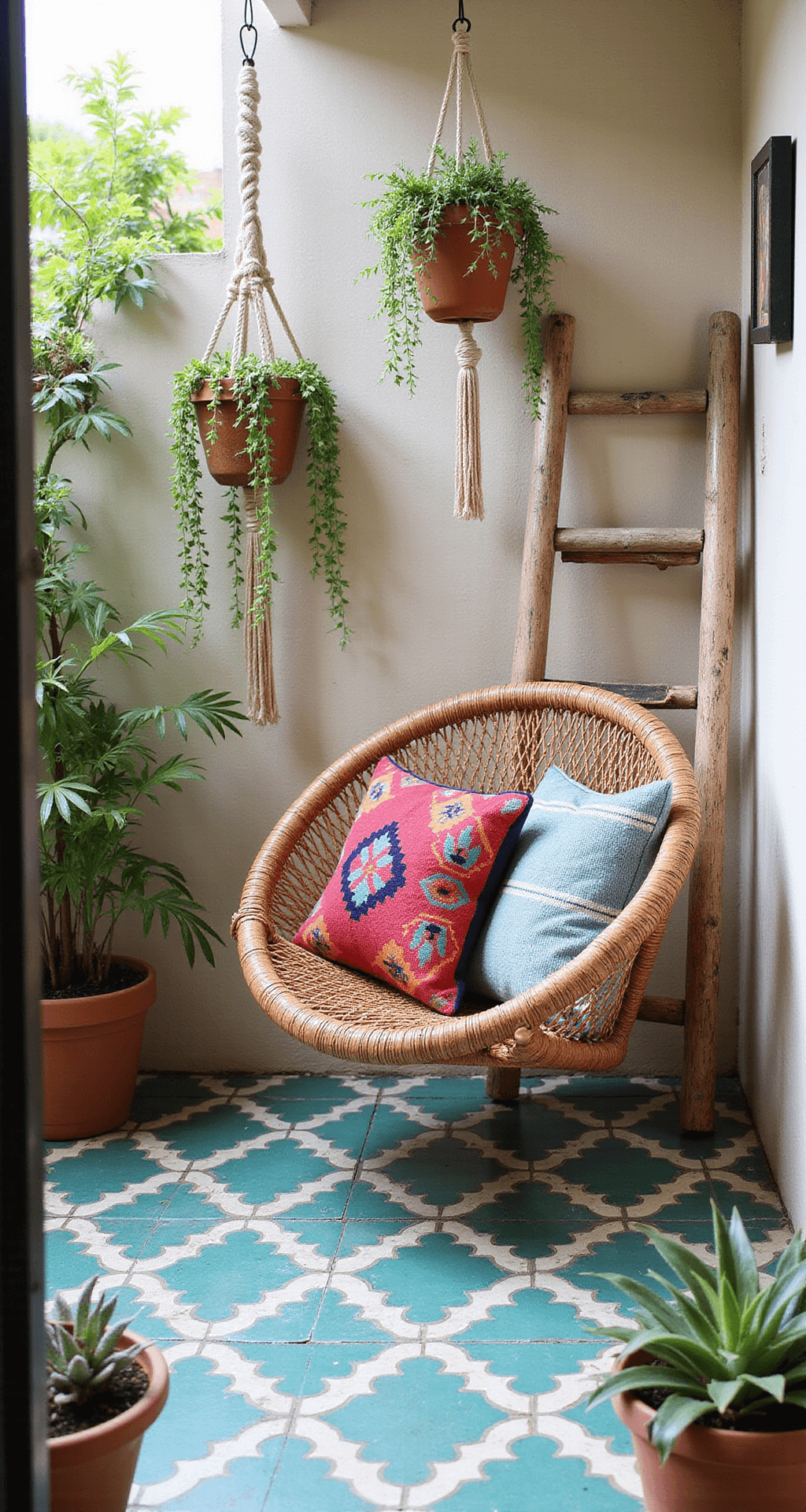 A vibrant 6x10ft patio featuring turquoise and white Moroccan cement tiles, a rattan hanging chair adorned with colorful kilim cushions, macramé plant hangers with trailing succulents, and a repurposed ladder plant stand, captured in soft natural light.