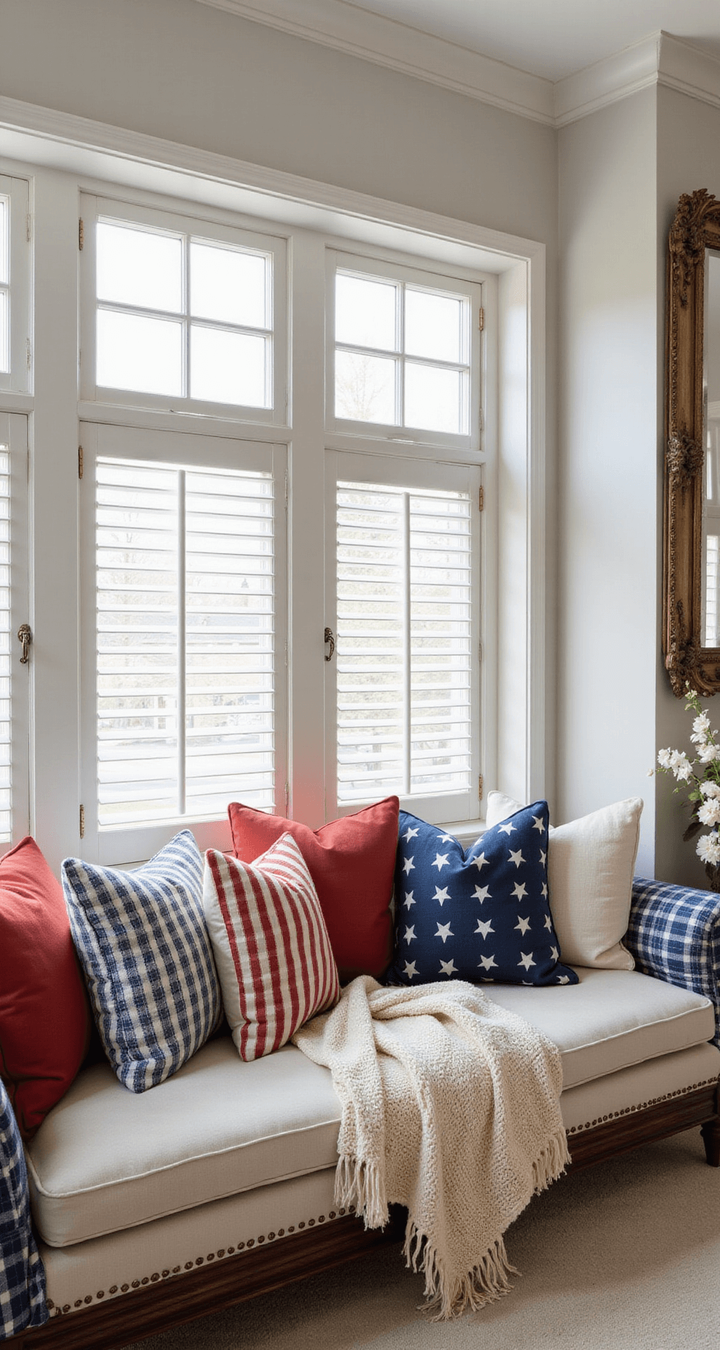 A cozy master bedroom window seat with a cushioned bench framed by white plantation shutters, adorned with layered red, white, and blue patterned throw pillows, an antiqued mirror reflecting soft morning light, and a cream hand-knit throw, captured in intimate close-up.