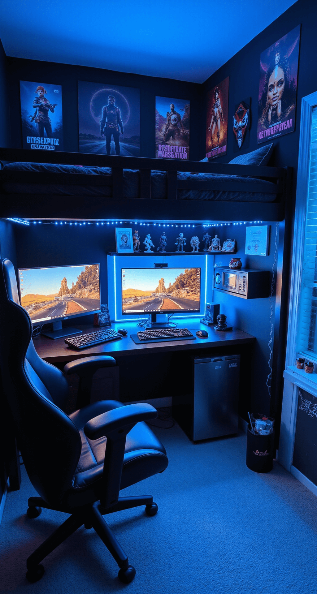 A cozy dorm room for gamers featuring a large multi-monitor gaming setup, illuminated by blue LED strips under a lofted bed. The black and neon-accented walls are adorned with gaming posters and figurines, while a mini fridge and snack station add convenience. The scene is captured from a gaming chair, creating an immersive, high-tech atmosphere.