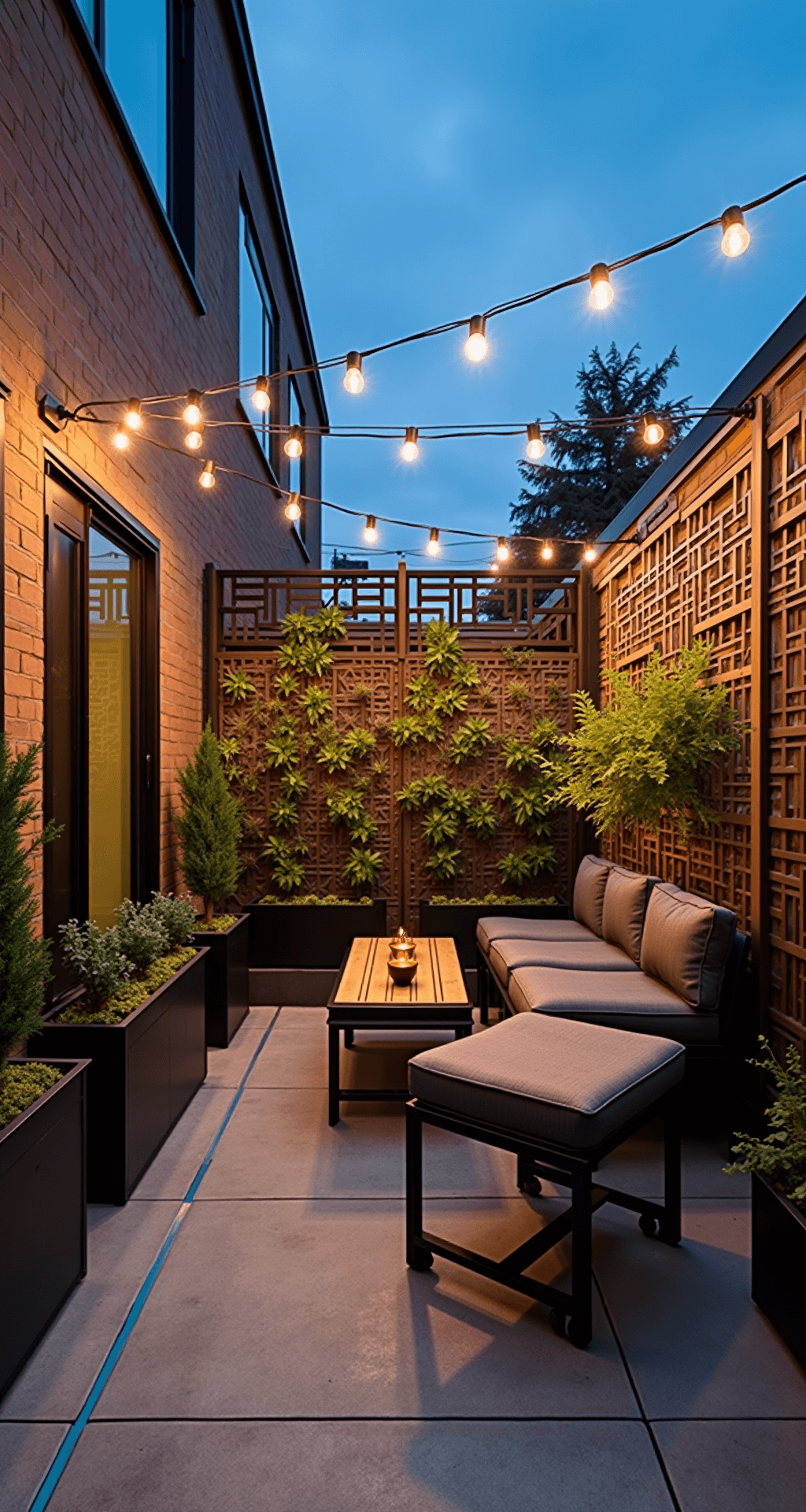 An 8x8ft urban patio featuring industrial chic design elements: black steel and reclaimed wood furniture on wheels, a vertical garden wall in geometric planters, Edison bulb string lights, polished concrete flooring with LED strips, and metal privacy screens with custom cutouts, captured during blue hour with dramatic uplighting.