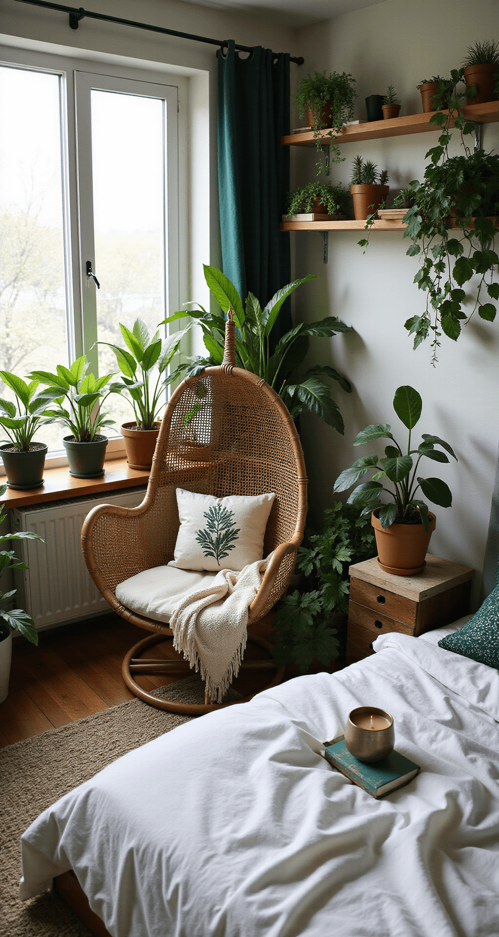 A cozy dorm room filled with various plants in soft morning light, featuring a rattan hanging chair and a bed with botanical print accents, all in shades of green and warm wood tones. A propagation station is visible on the windowsill, creating a serene and fresh atmosphere.