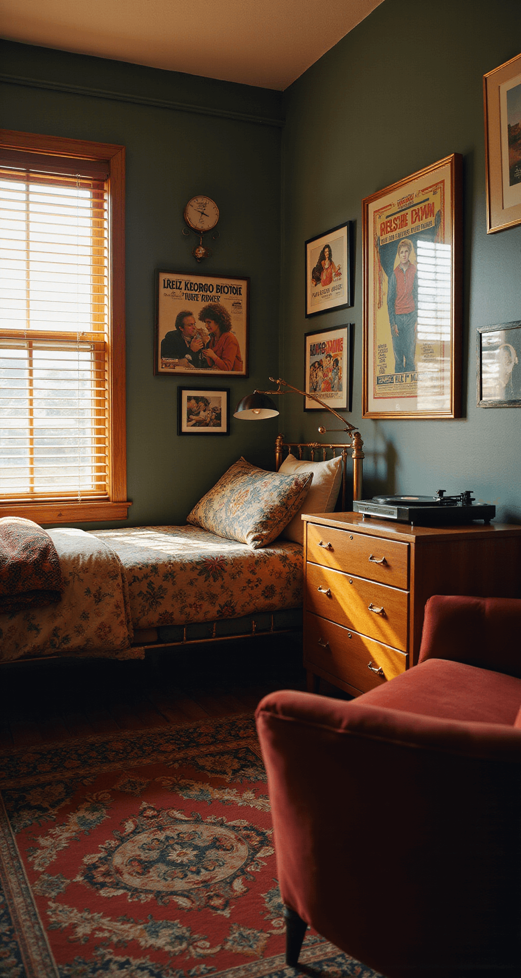 A vintage-inspired dorm room exuding warmth in late afternoon light, featuring a brass bed frame with a tufted headboard, a mid-century modern dresser with a record player, framed vinyl covers and vintage movie posters on rich jewel-toned walls, a plush velvet armchair in a cozy reading nook, all accented with gold highlights.