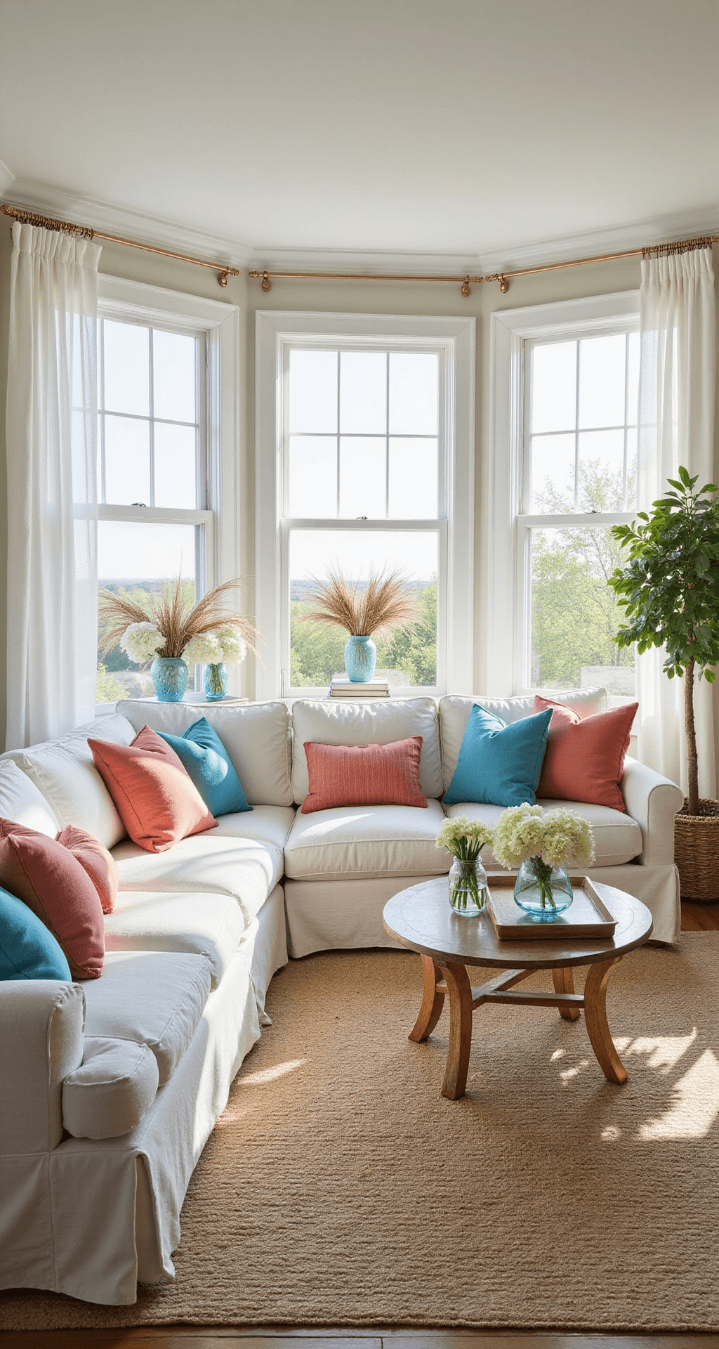 A spacious sun-drenched coastal living room featuring a white linen sofa with coral and azure throw pillows, large bay windows allowing late morning light, and a natural jute rug. Brass accents and wispy white curtains add elegance, while glass vases with white hydrangeas and seagrass arrangements enhance the airy atmosphere.
