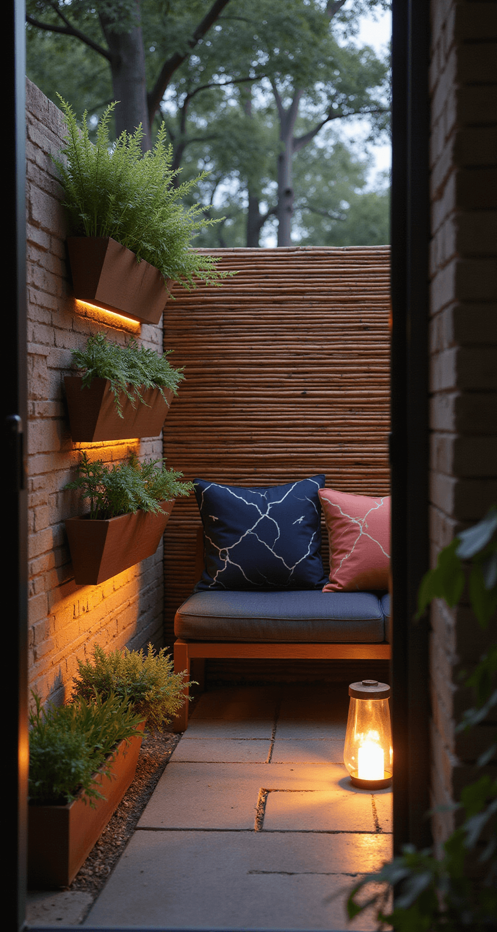 Narrow dusk patio with a vertical bamboo privacy screen, featuring a wall-mounted herb garden illuminated by LED lights, a modern charcoal sectional, copper lanterns, geometric navy and coral pillows, and hanging ferns, all captured in soft focus for a cozy atmosphere.
